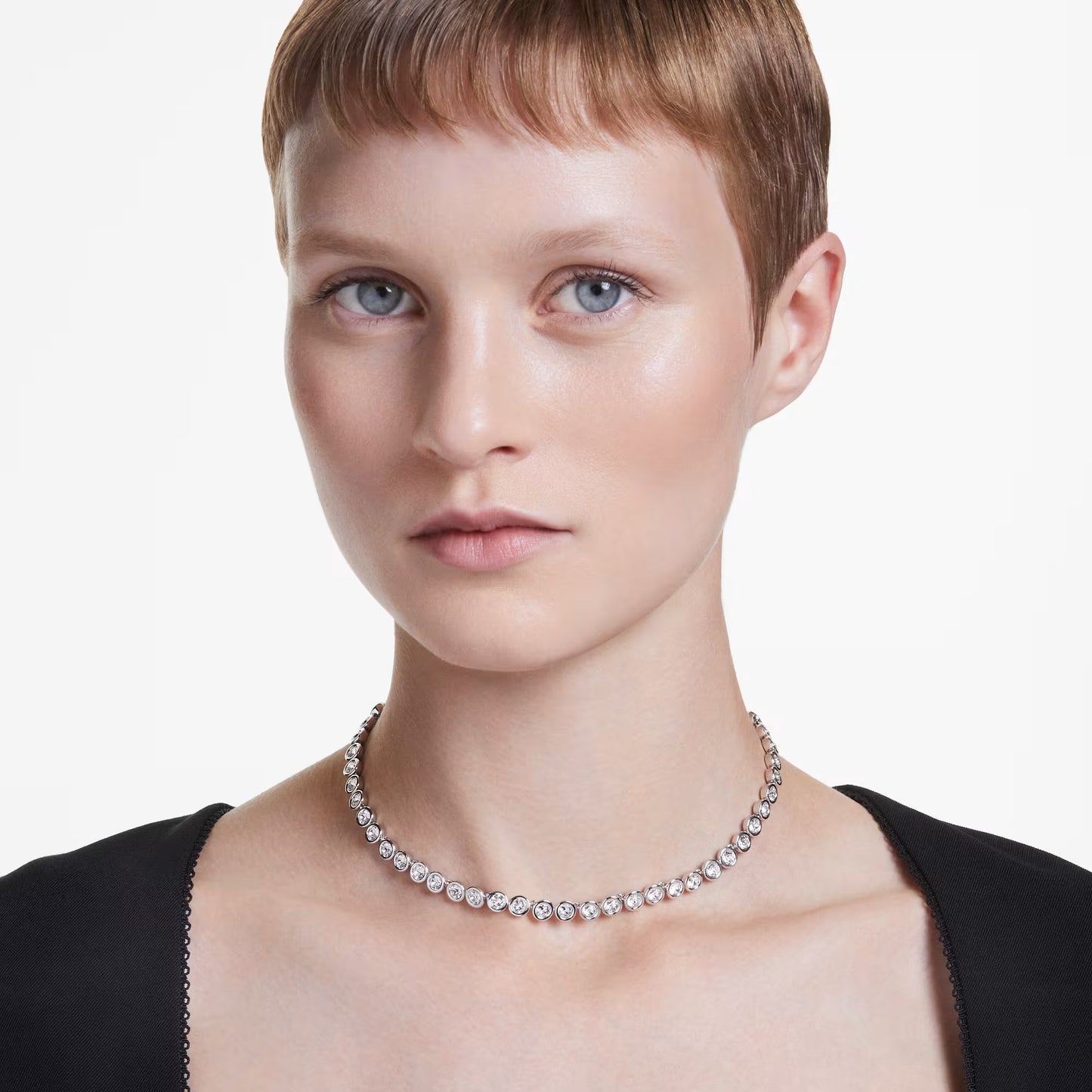 Imber Tennis necklace, Round cut, White, Rhodium