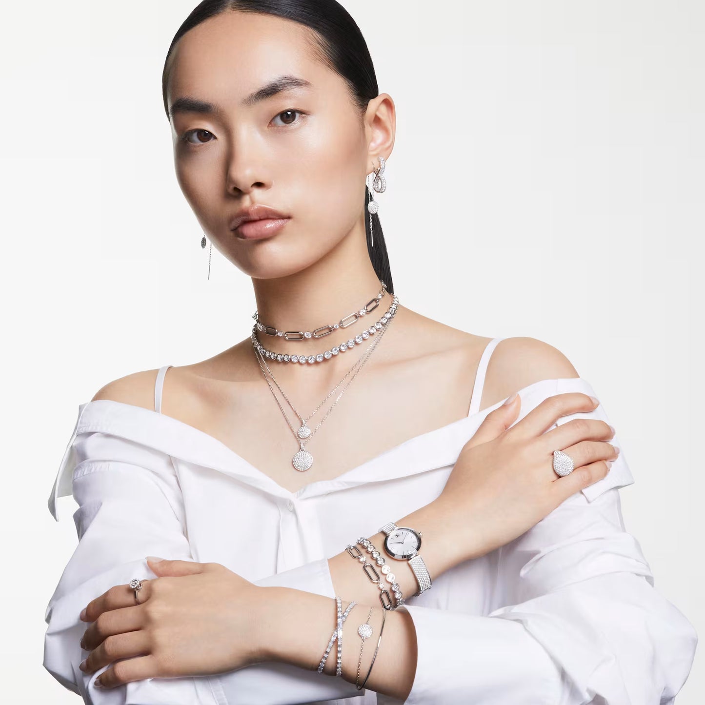 Imber Tennis necklace, Round cut, White, Rhodium
