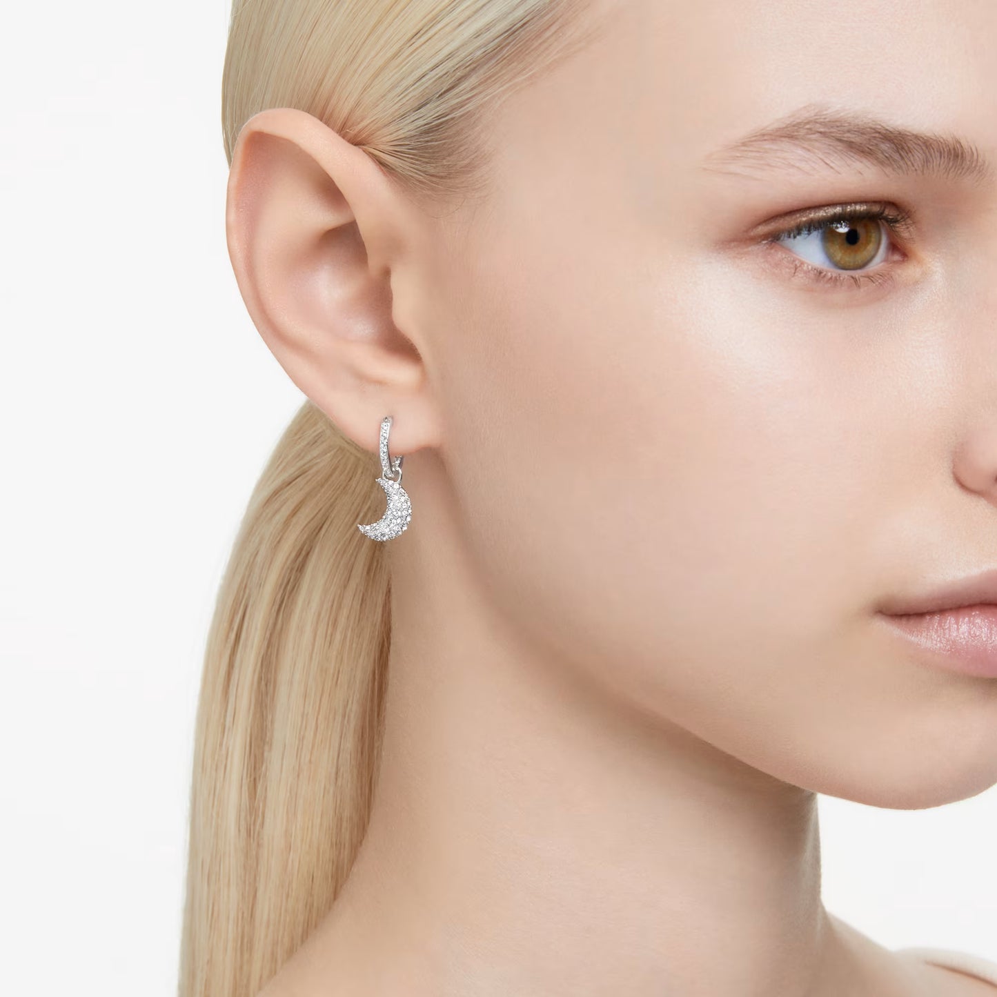 Luna drop earrings, Moon, White, Rhodium plated