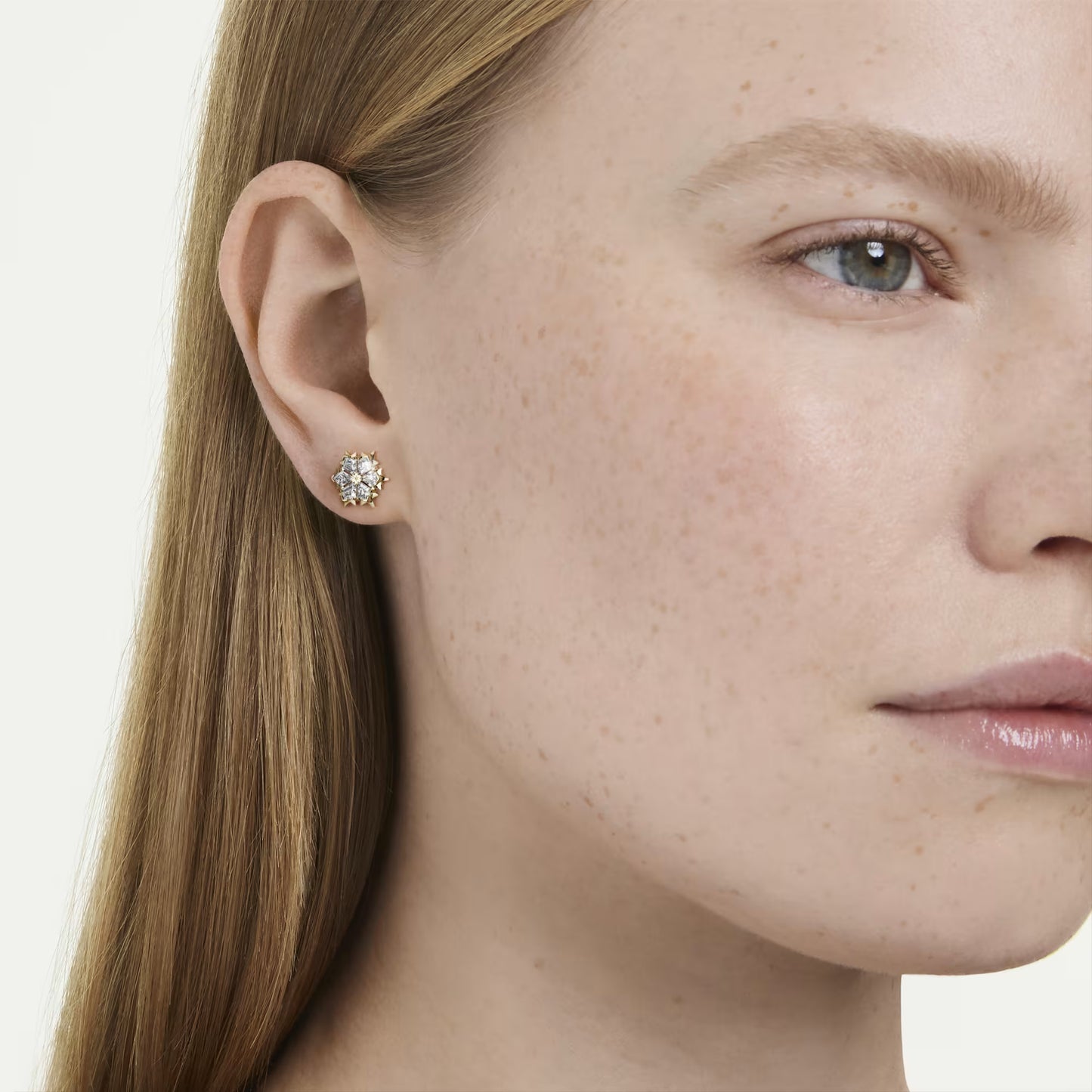 Magic Stud Earrings Mixed cuts, Snowflake, White, 18K Gold Finish