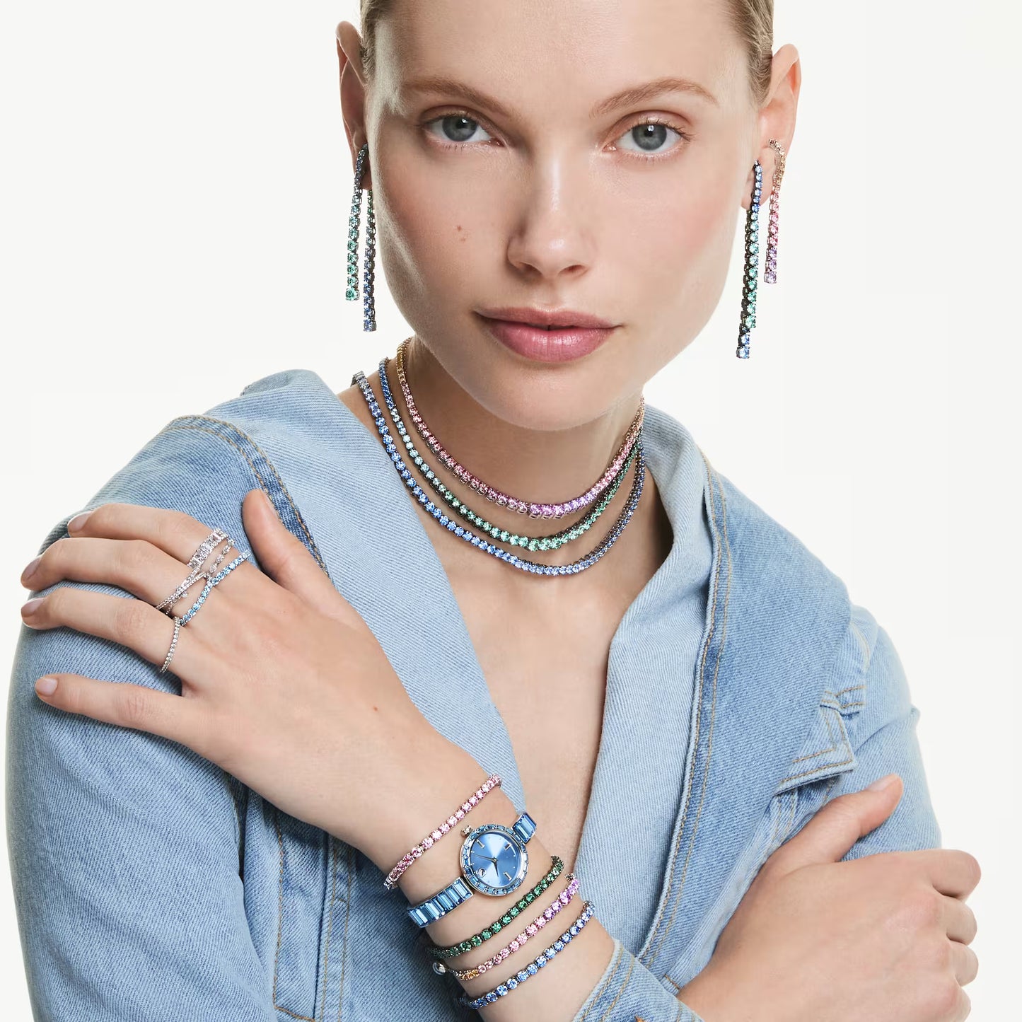 Matrix bangle watch, Swiss Made, Crystal bracelet, Blue, Stainless steel