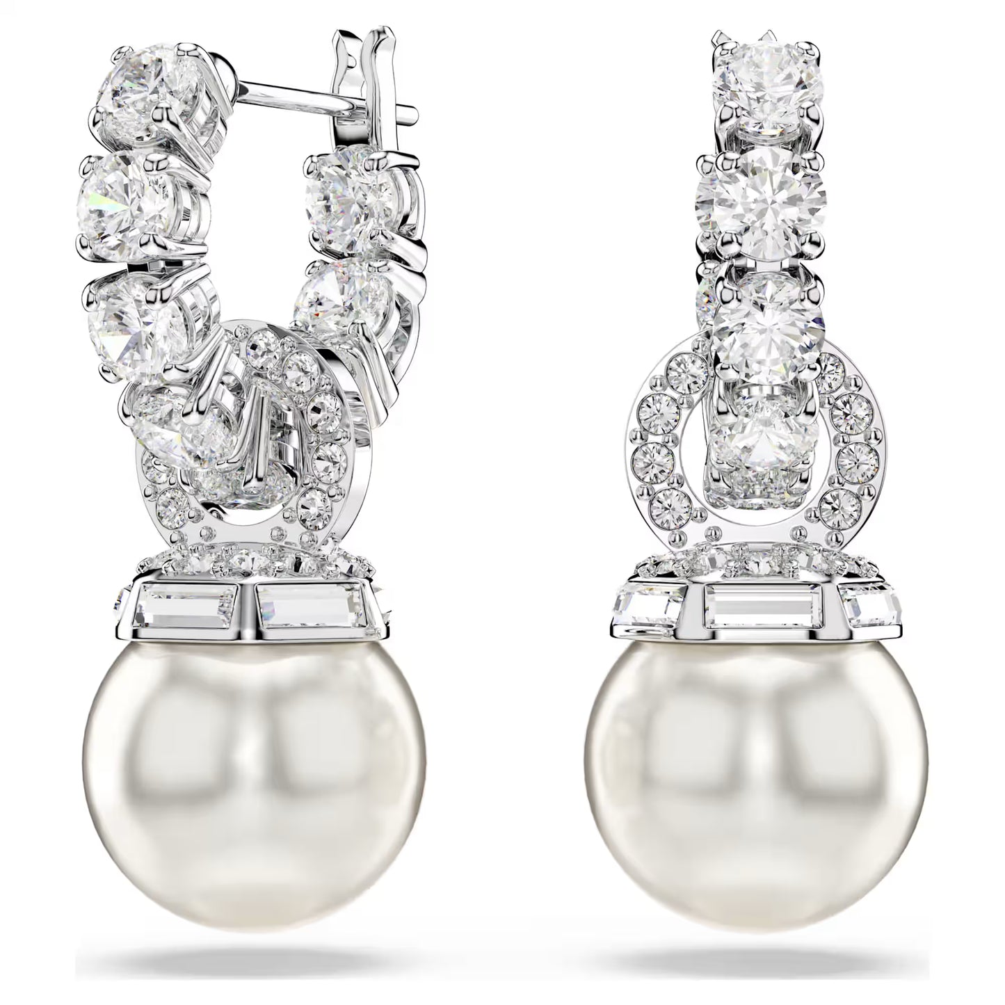 Matrix drop earrings, Crystal pearl, Round cut, White, Rhodium plated
