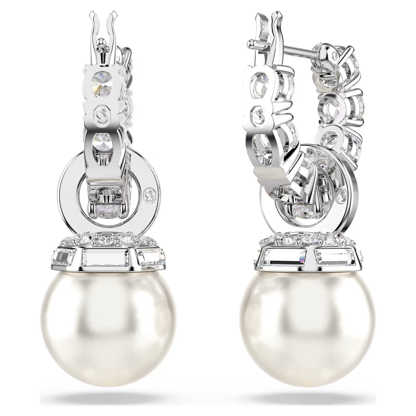 Matrix drop earrings, Crystal pearl, Round cut, White, Rhodium plated
