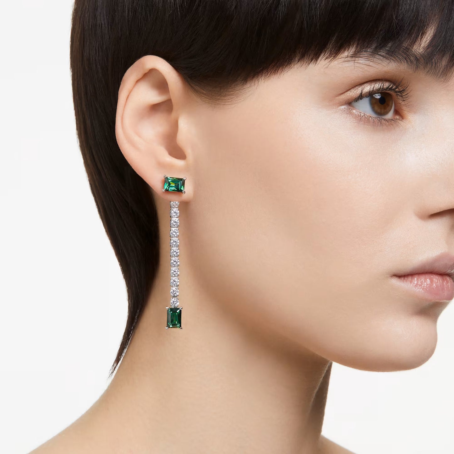 Matrix drop earrings, Mixed cuts, Green, Rhodium