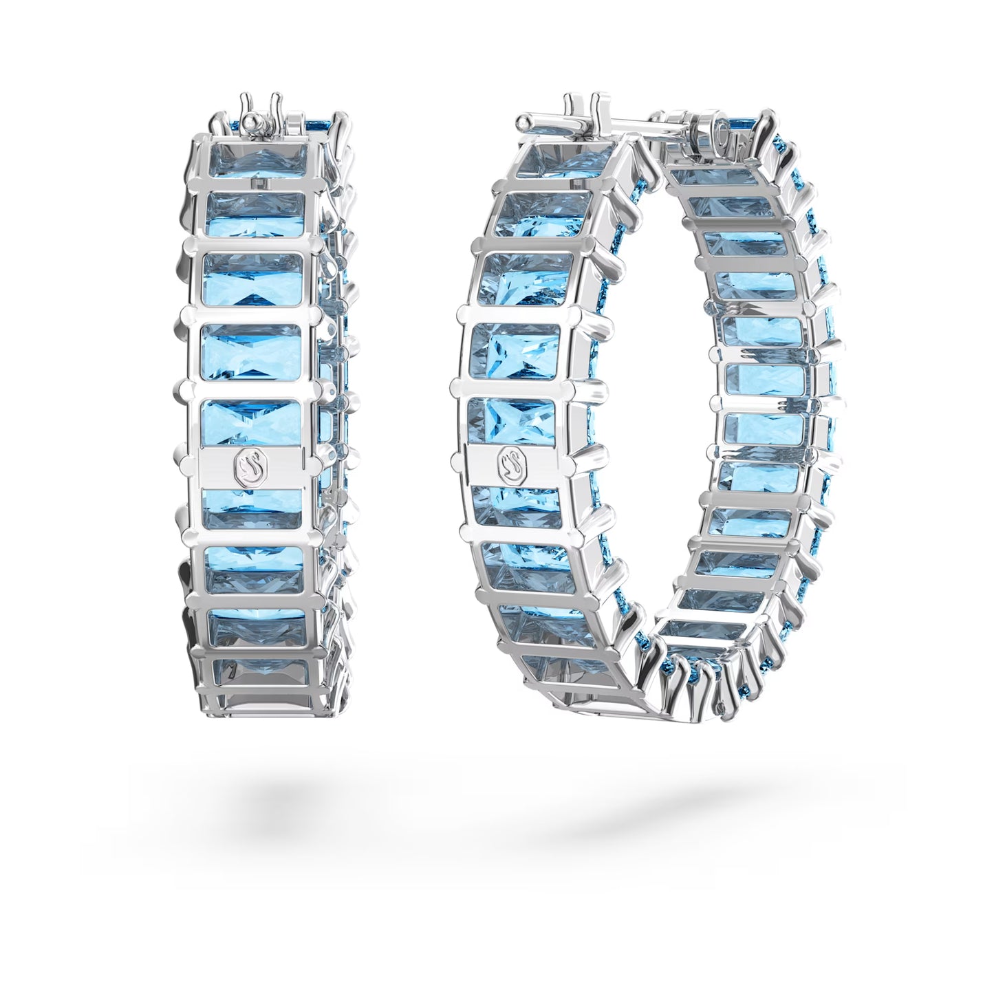 Matrix hoop earrings, Baguette cut, Blue, Rhodium