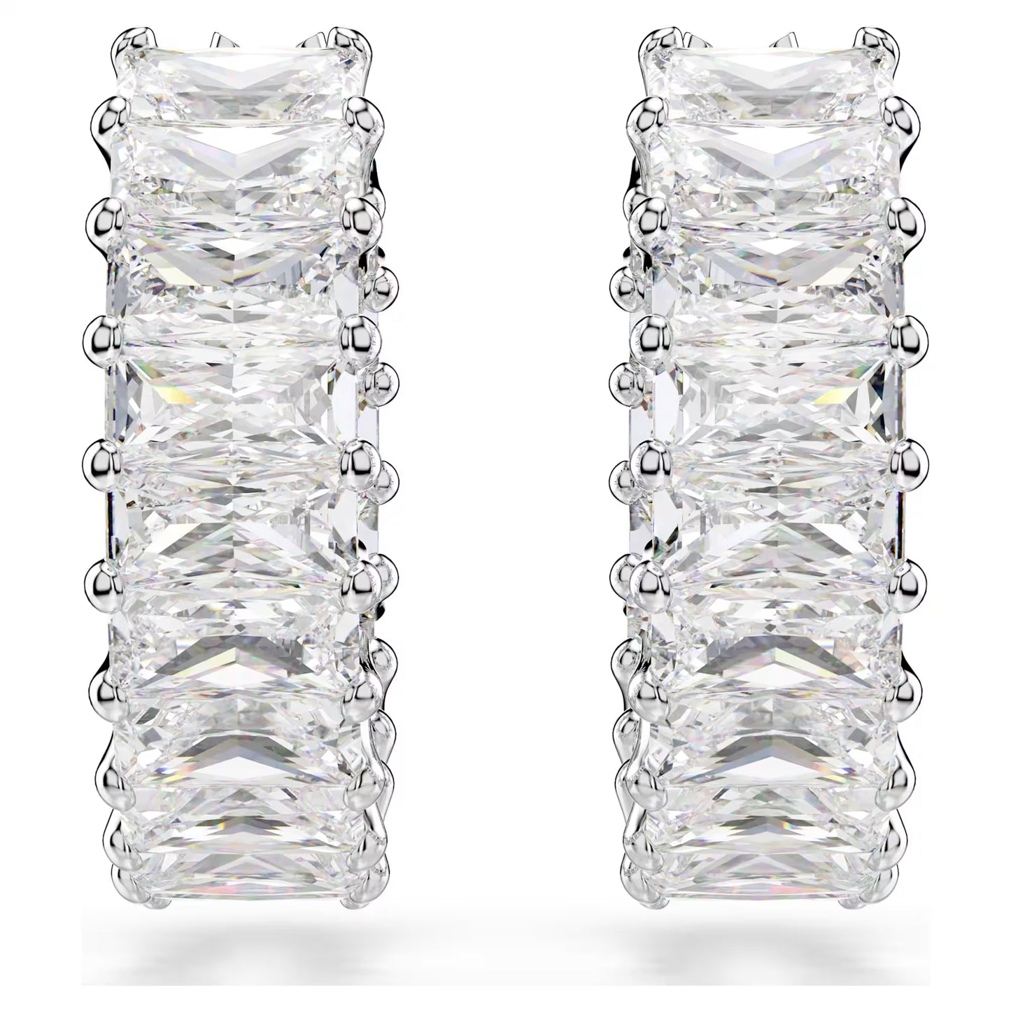 Matrix hoop earrings, Baguette cut, White, Rhodium plated