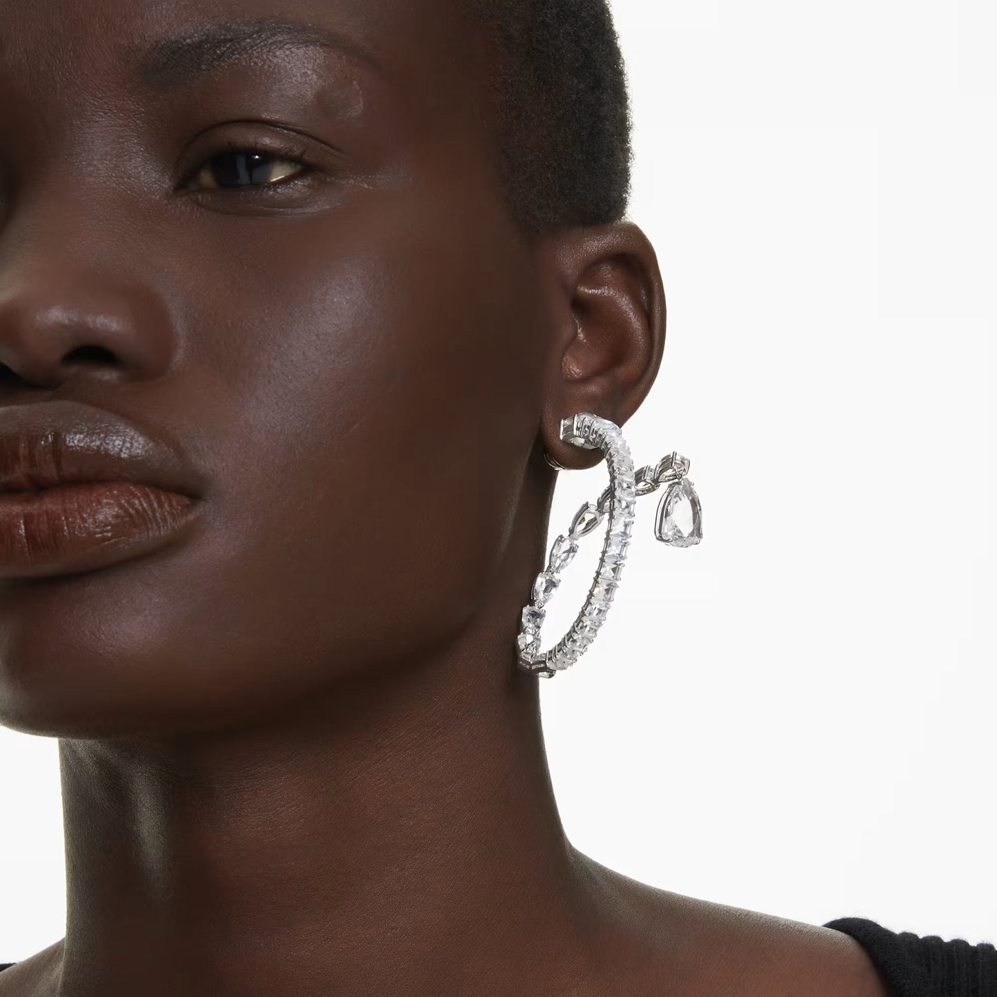 Matrix hoop earrings, Mixed cuts, White, Rhodium