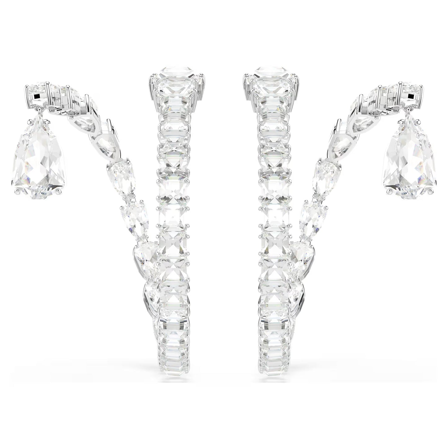 Matrix hoop earrings, Mixed cuts, White, Rhodium