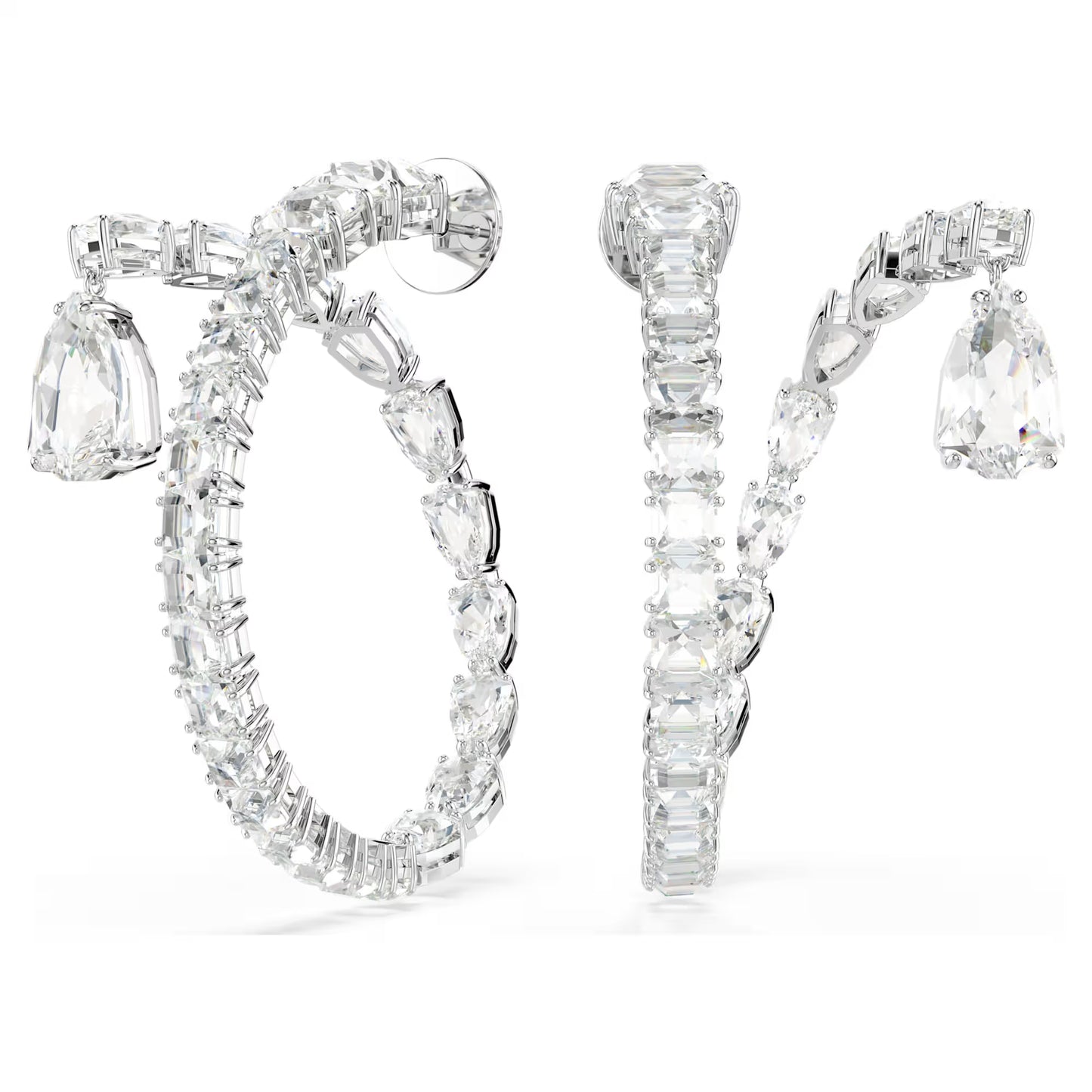 Matrix hoop earrings, Mixed cuts, White, Rhodium