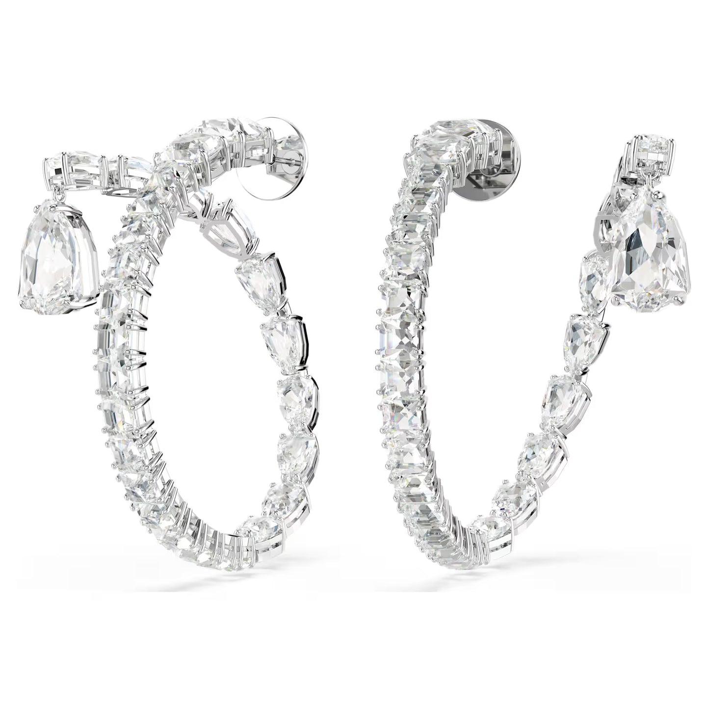 Matrix hoop earrings, Mixed cuts, White, Rhodium