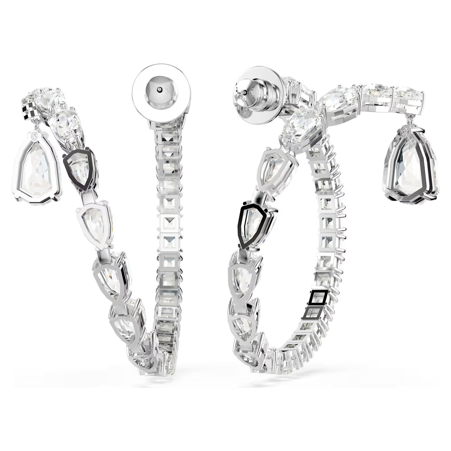 Matrix hoop earrings, Mixed cuts, White, Rhodium