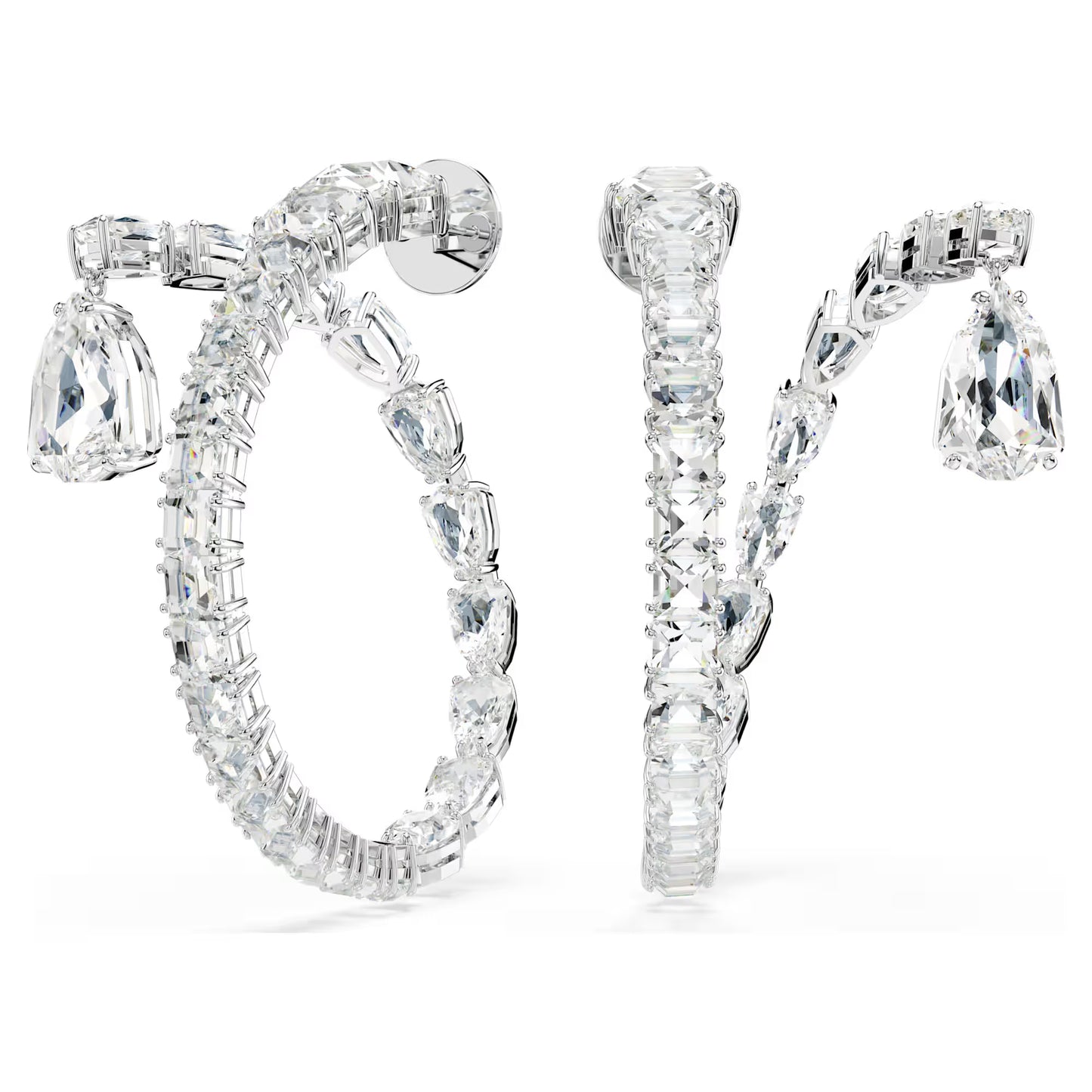 Matrix hoop earrings, Mixed cuts, White, Rhodium