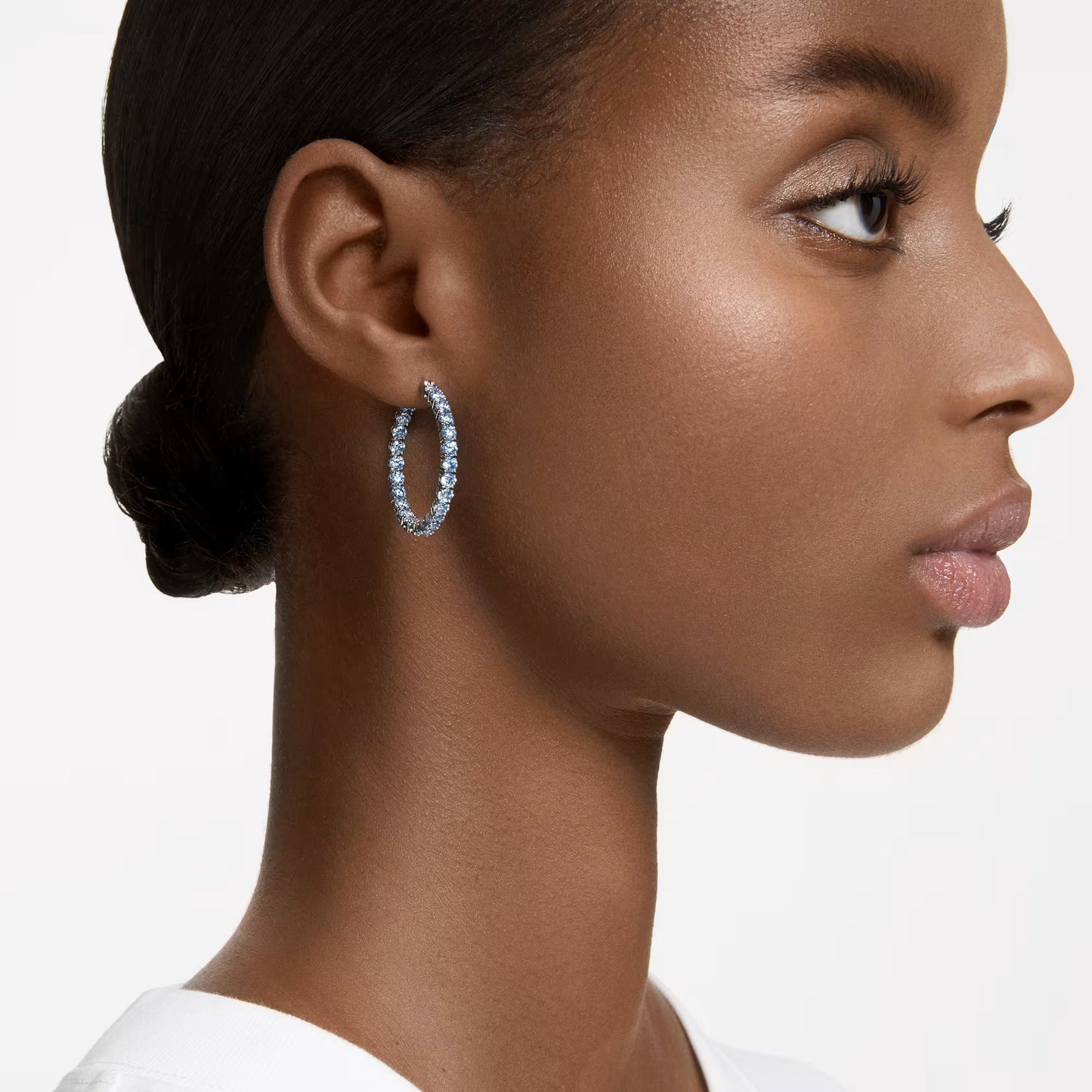 Matrix hoop earrings, Round cut, Blue, Rhodium pla