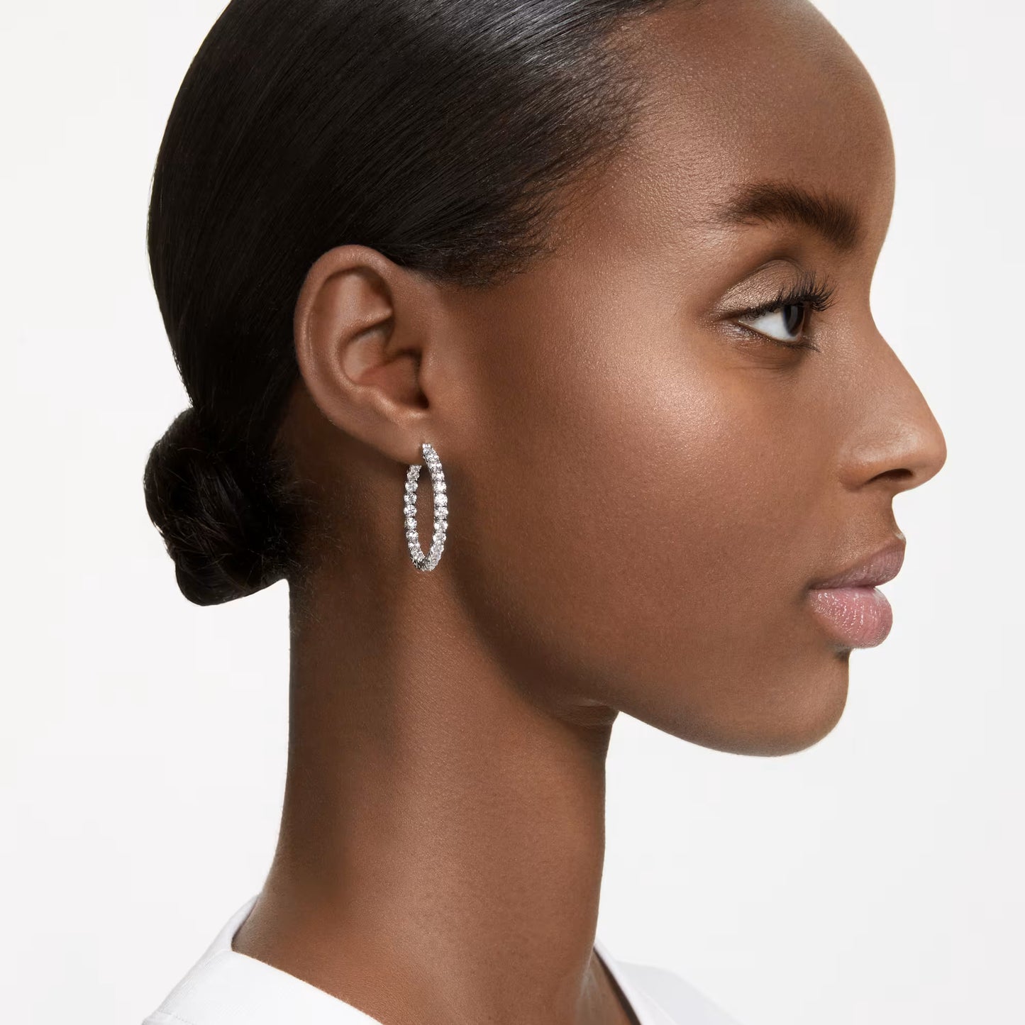 Matrix hoop earrings, Round cut, White, Rhodium