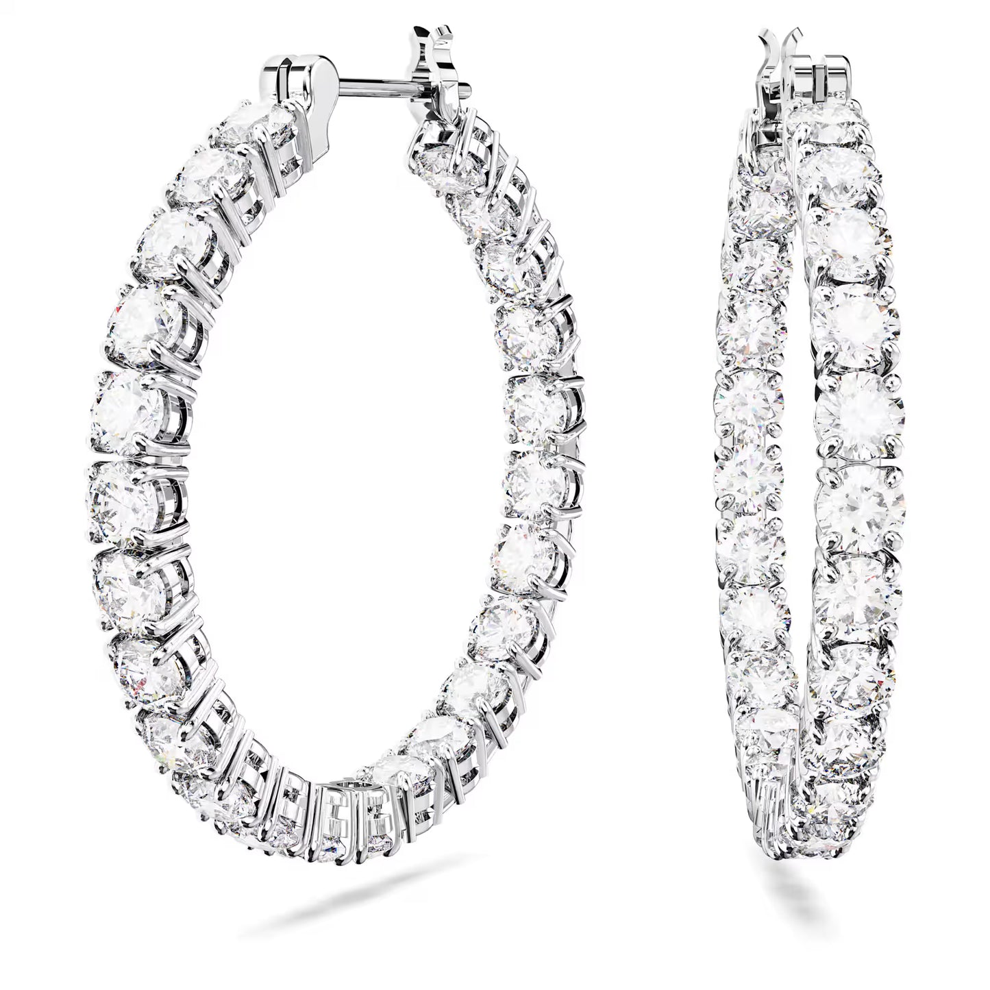 Matrix hoop earrings, Round cut, White, Rhodium