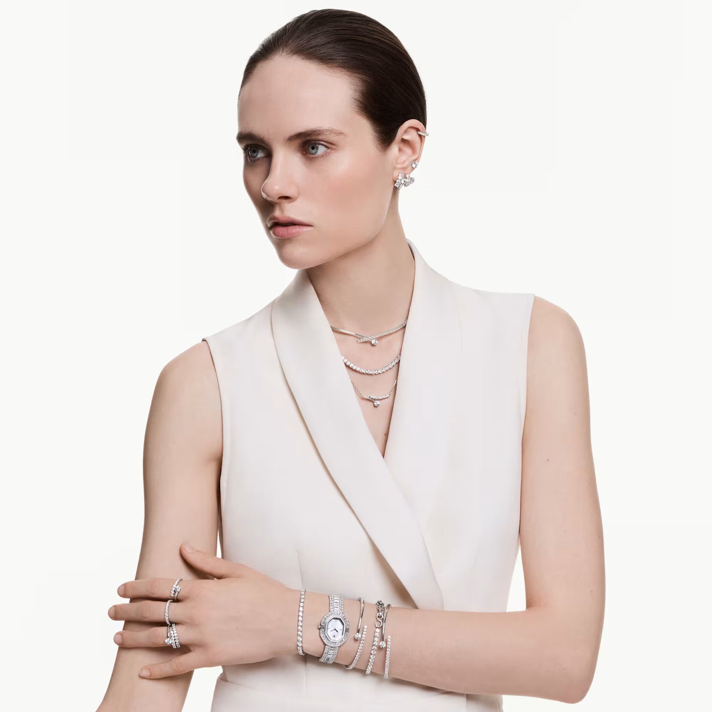 Matrix necklace, Round cut, White, Rhodium plated