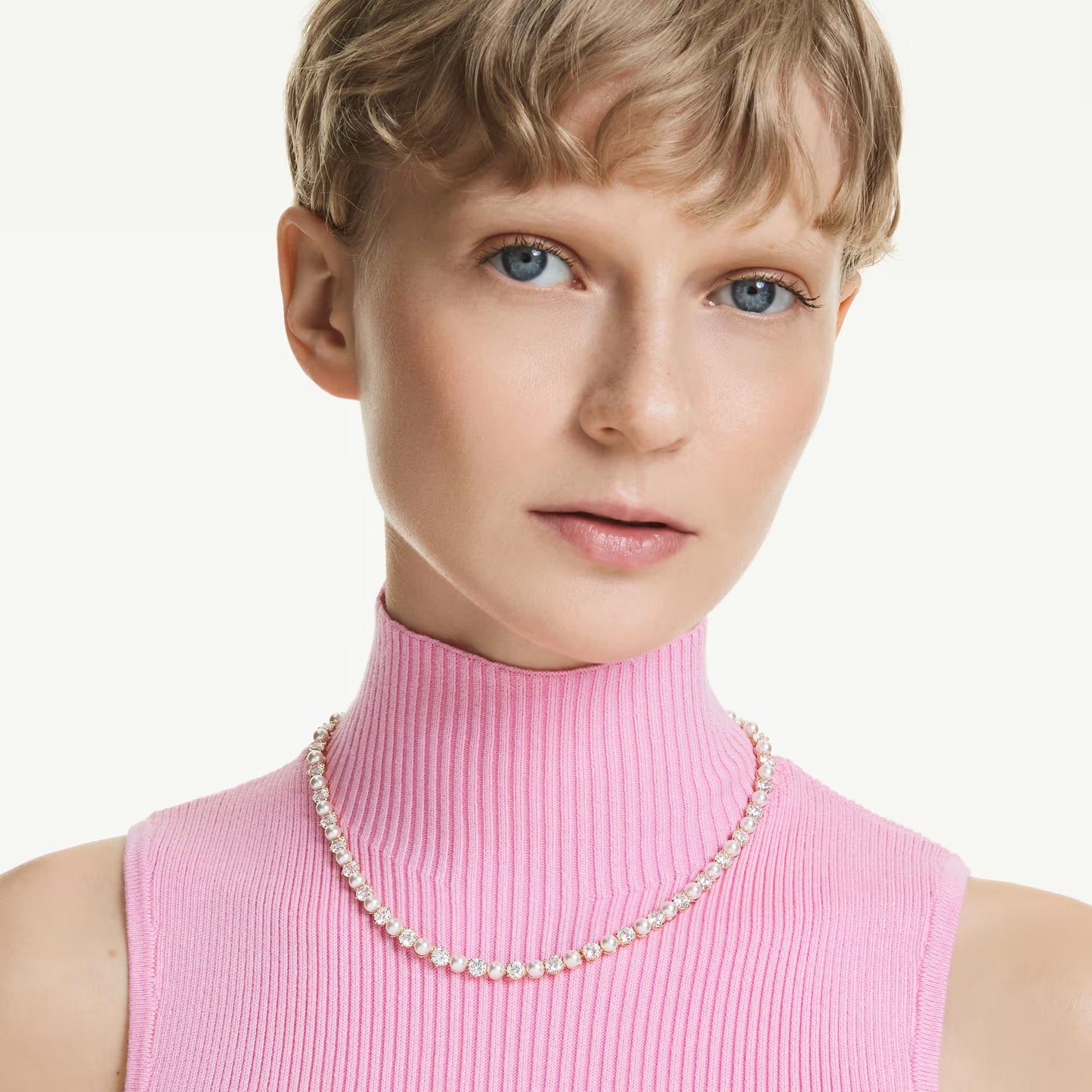 Matrix Tennis necklace, Crystal pearl, Round cut, White, Gold-tone plated