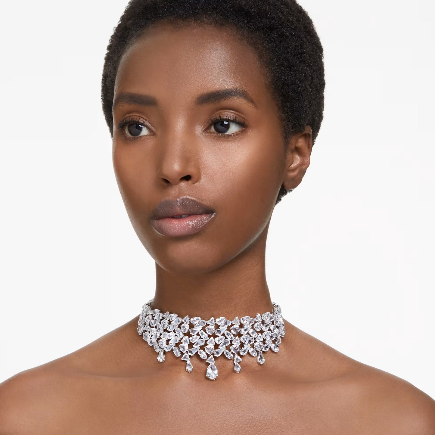 Mesmera choker, Mixed cuts, White, Rhodium plated