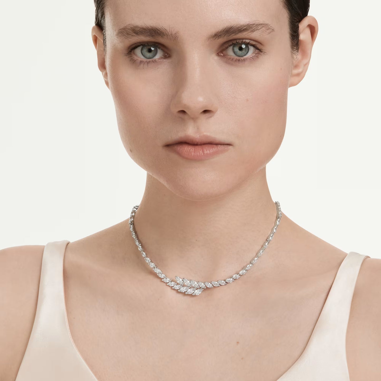 Mesmera necklace, Marquise cut, White, Rhodium plated