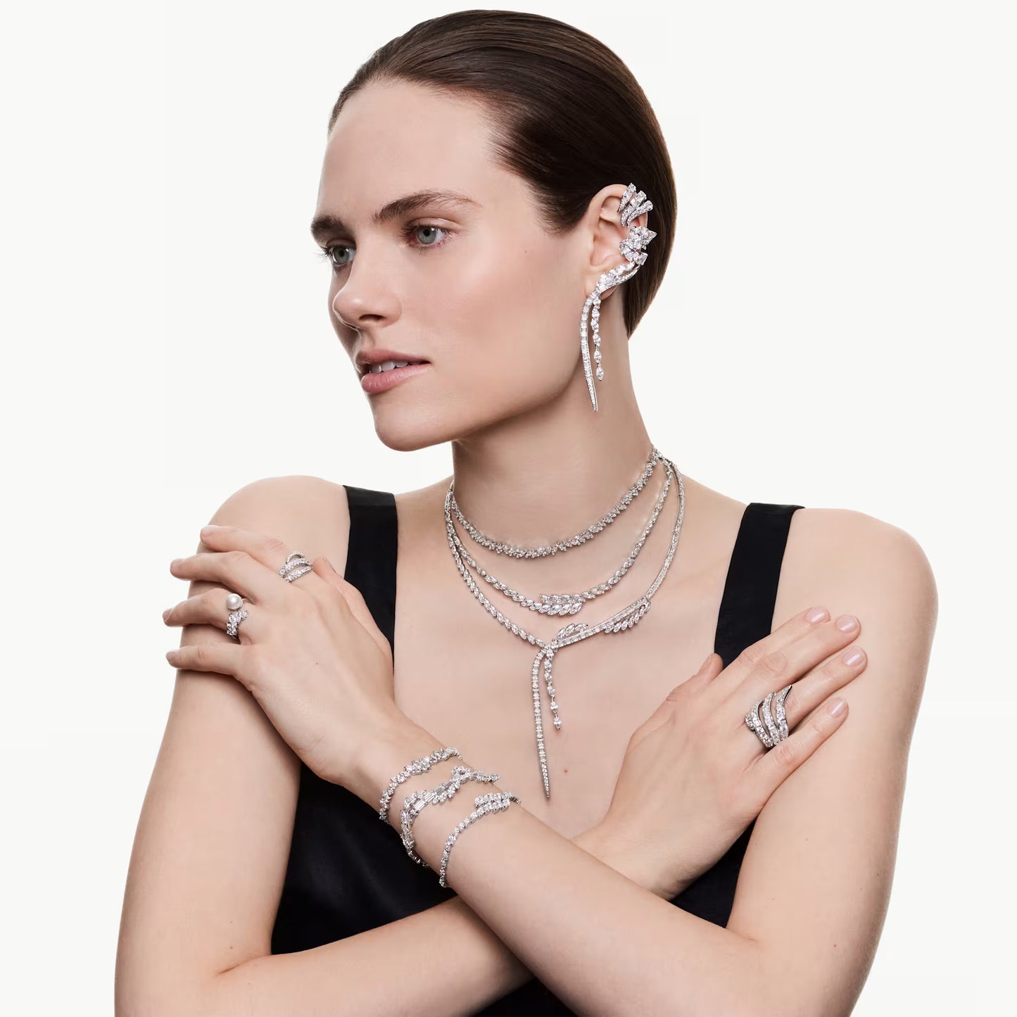 Mesmera necklace, Marquise cut, White, Rhodium plated
