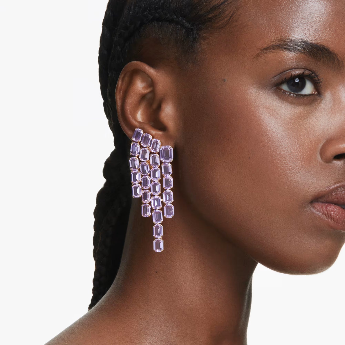 Millenia clip earrings, Octagon cut, Chandelier, Purple, Gold-tone