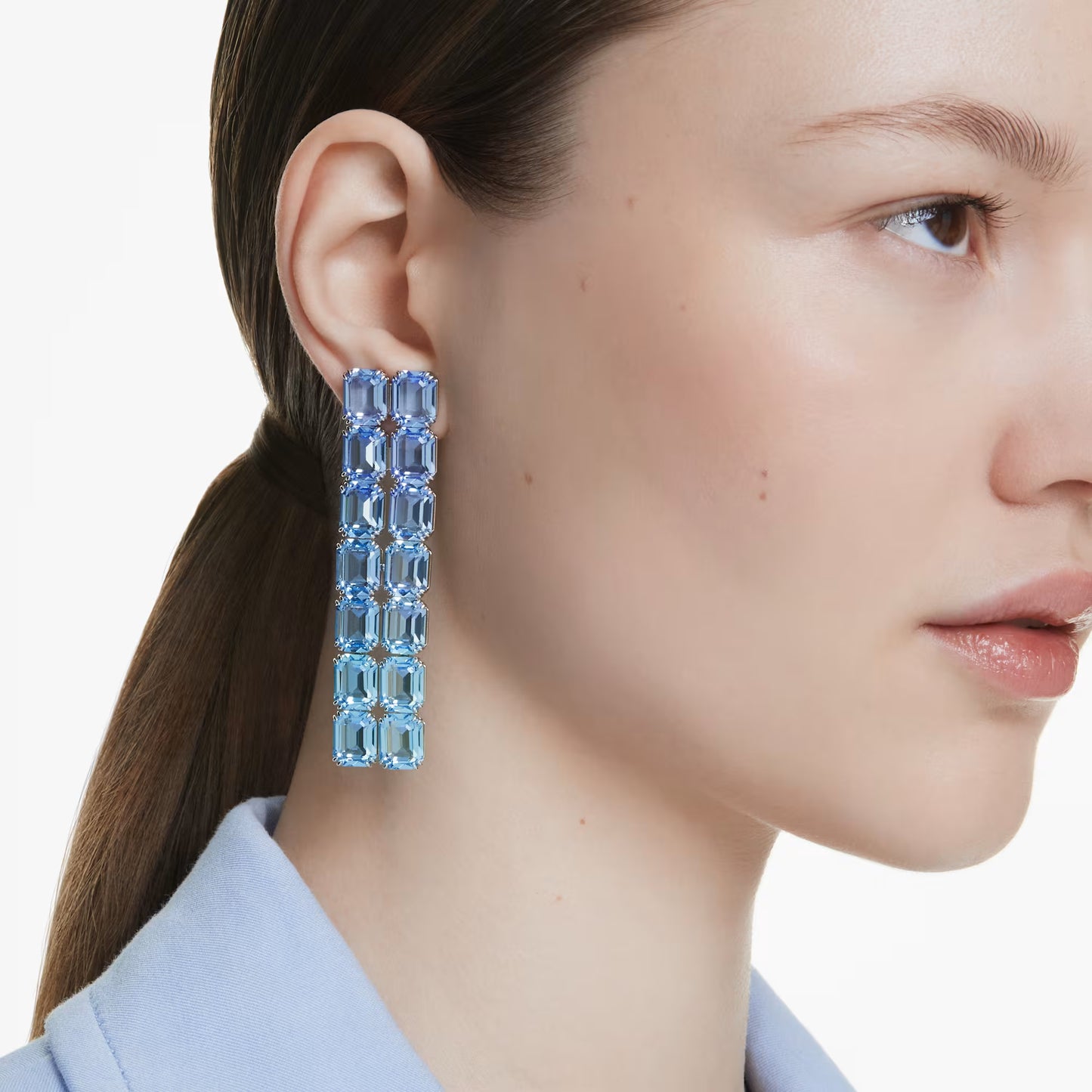 Millenia clip earrings, Octagon, Long, Blue