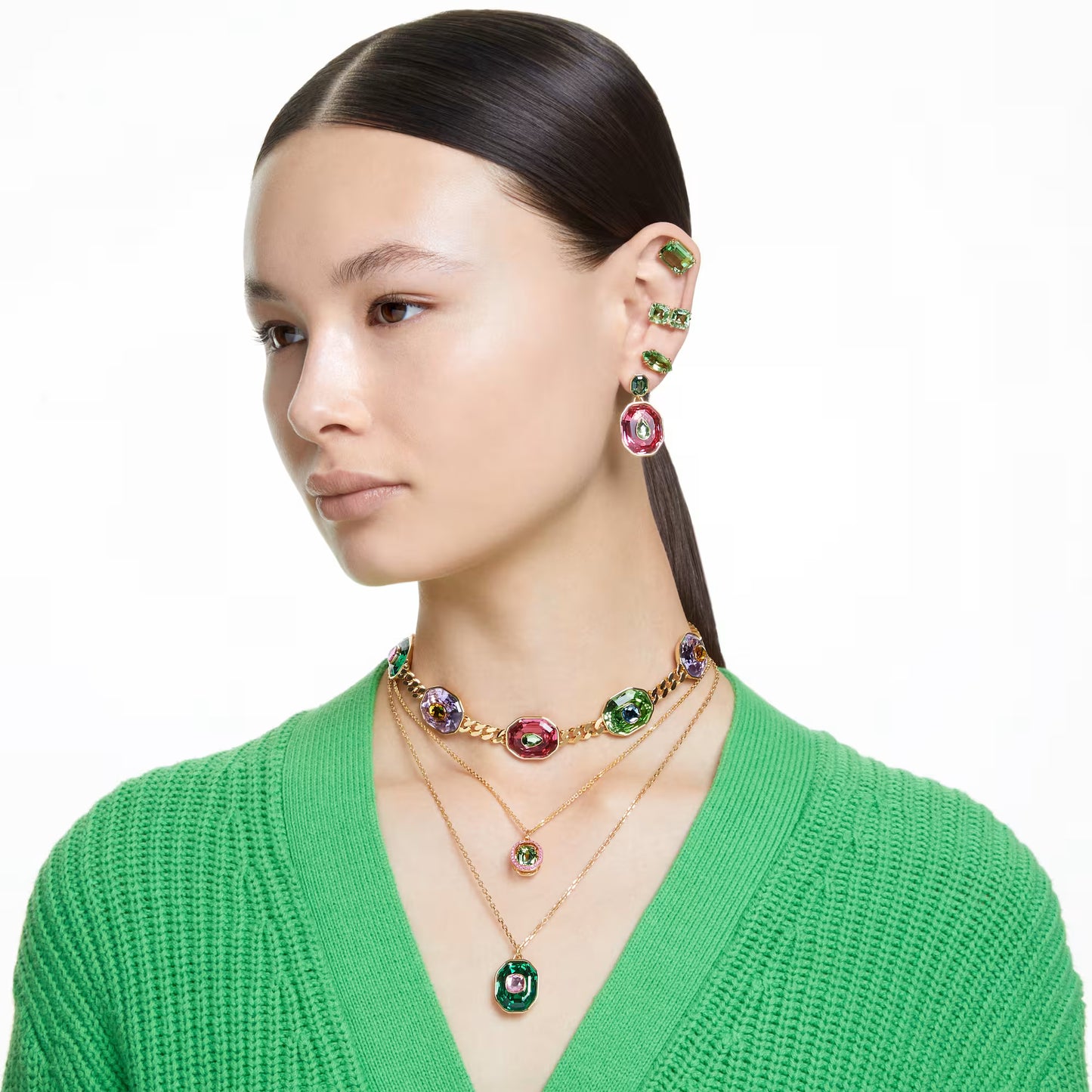 Millenia clip earrings, Square cut, Green, Gold-tone plated
