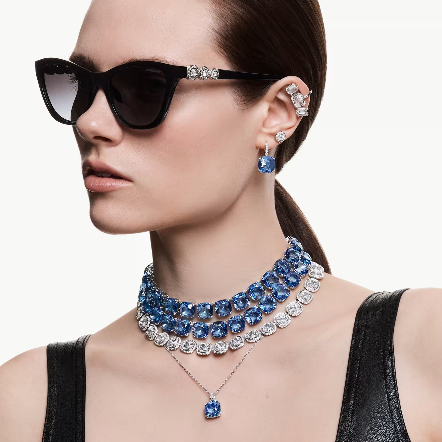 Millenia drop earrings, Cushion cut, Blue, Rhodium plated