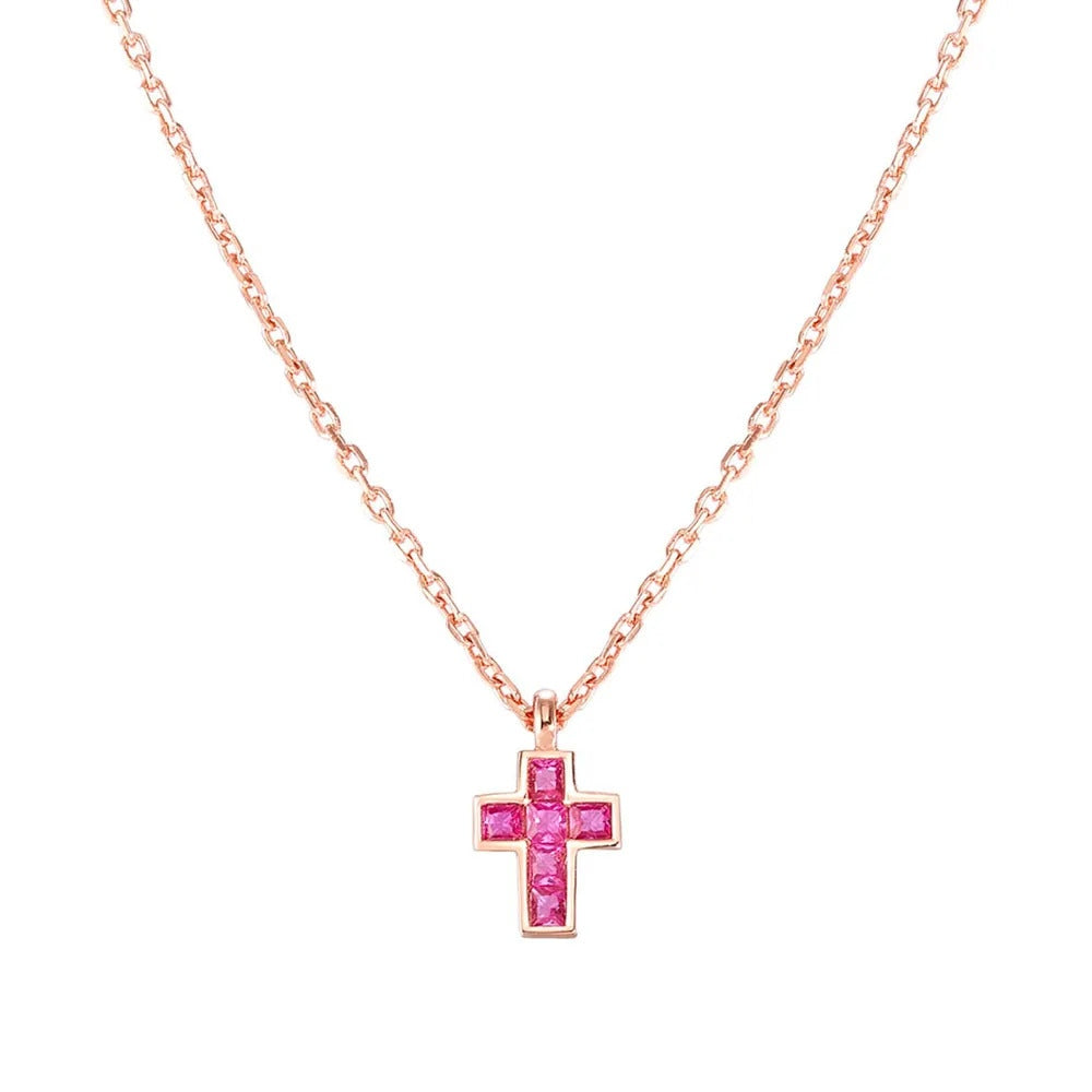 Carismatica Rose Gold Plated Pink CZ Small Cross Necklace