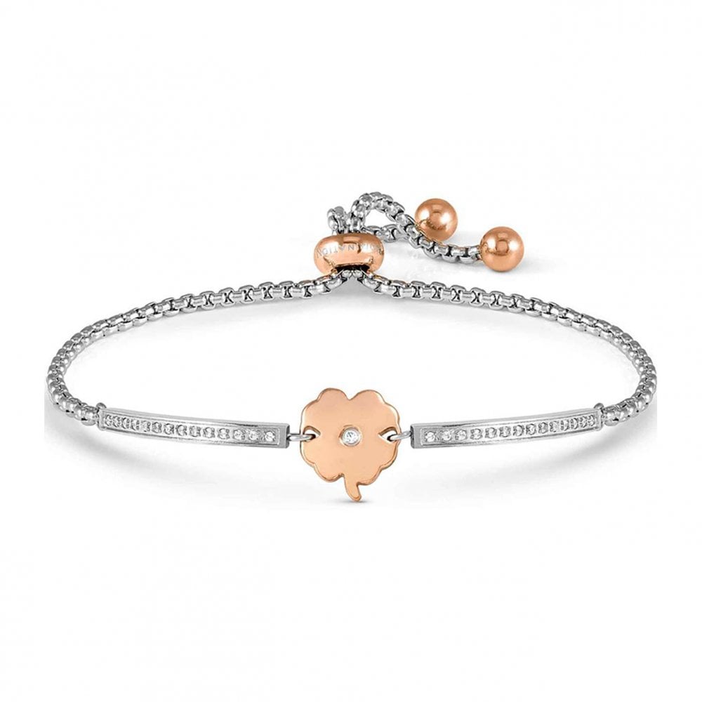 Milleluci Refined Bracelet in Steel and Cubic Zirconia Rose Gold Four Leaf Clover