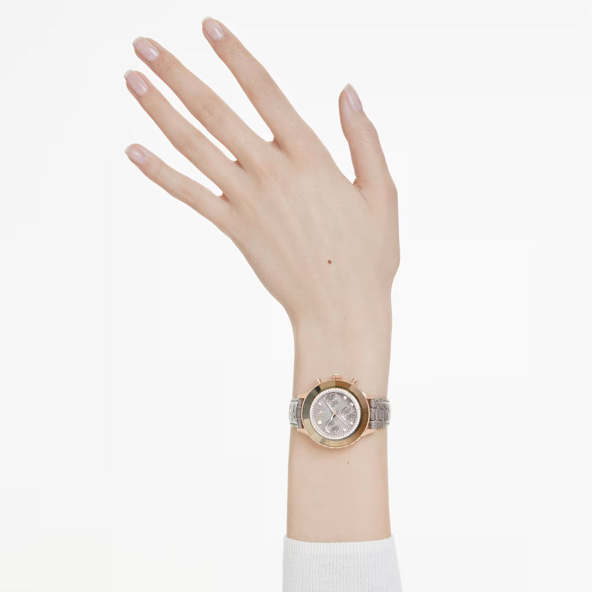 Octea chrono watch, Swiss Made, Leather strap, Grey, Rose gold-tone finish