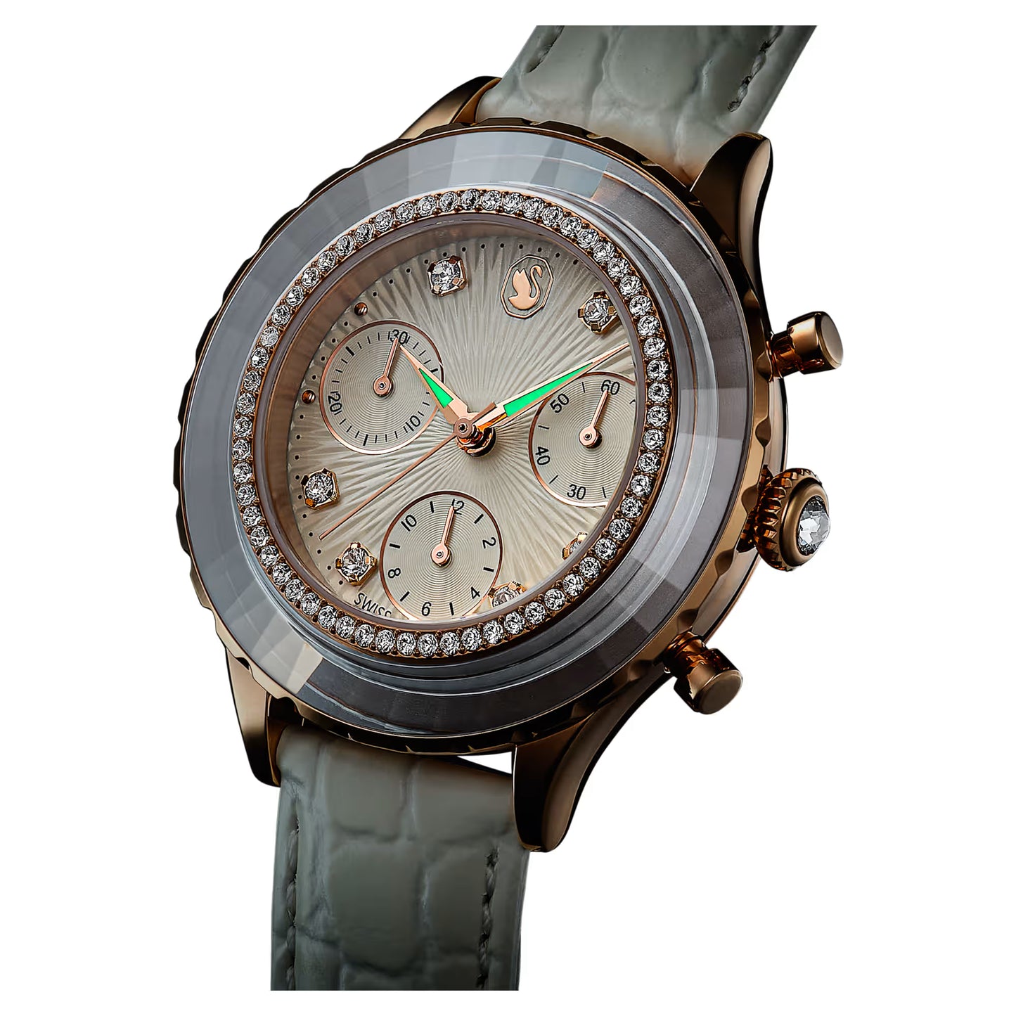 Octea Chrono watch, Swiss Made, Leather strap, White, Rose gold-tone finish