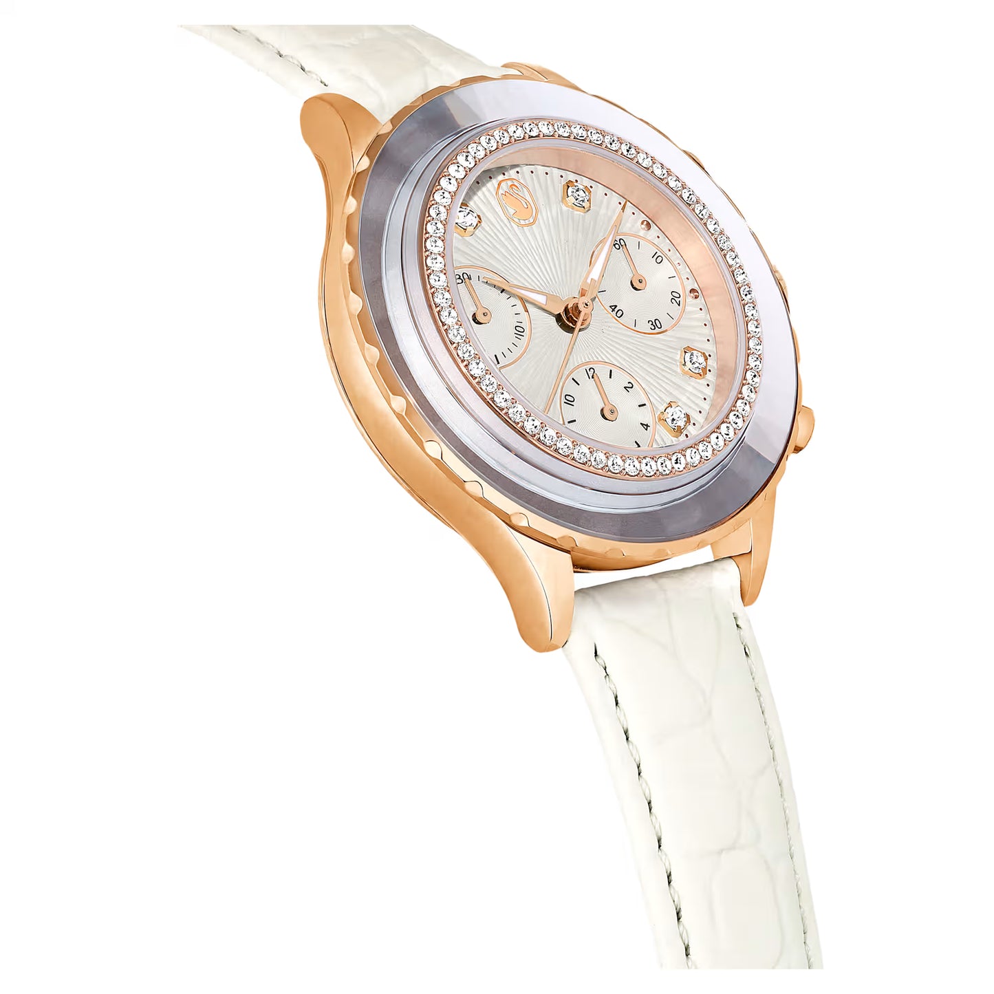 Octea Chrono watch, Swiss Made, Leather strap, White, Rose gold-tone finish