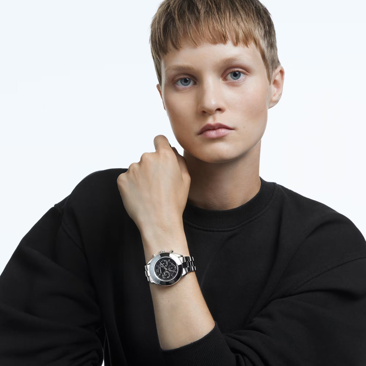 Octea Lux Sport watch, Swiss Made, Metal bracelet, Black, Stainless steel