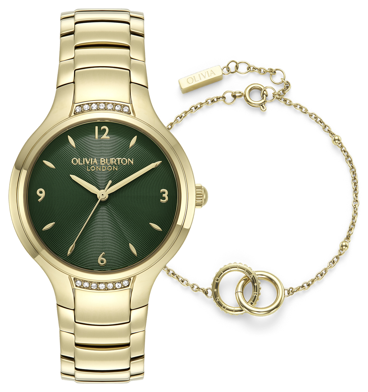 Ladies Green Dial Watch and Gold Toned Interlinked Bracelet Set
