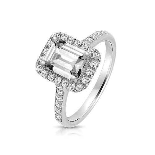 Silver Large Claw Set Halo Style CZ Ring - Size M