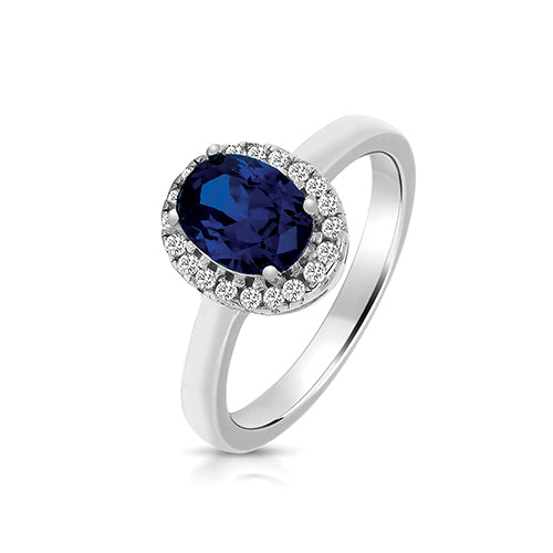 Silver CZ Halo Blue and White Oval CZ Ring - Size O