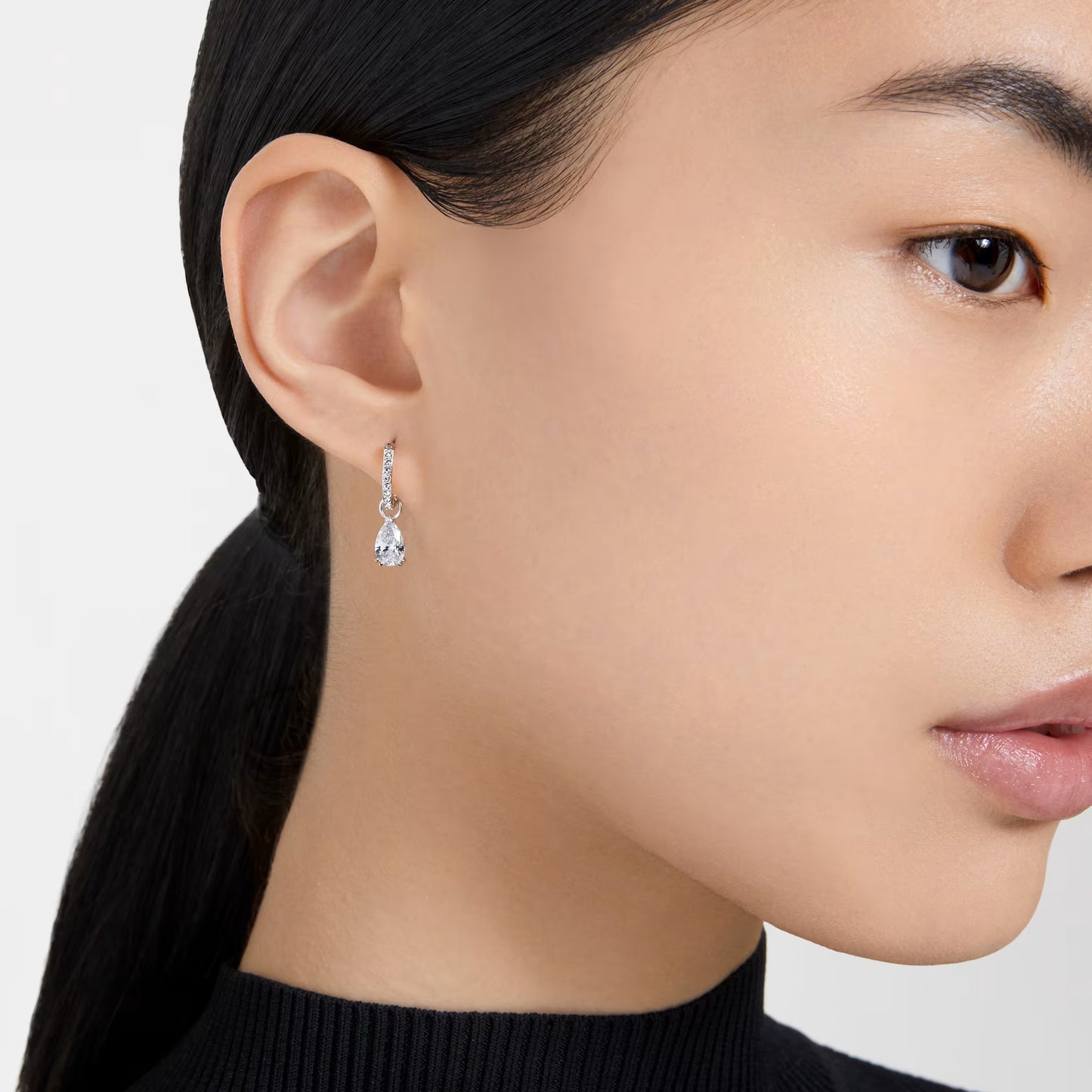 Millenia hoop earrings, Pear cut, White, Rhodium