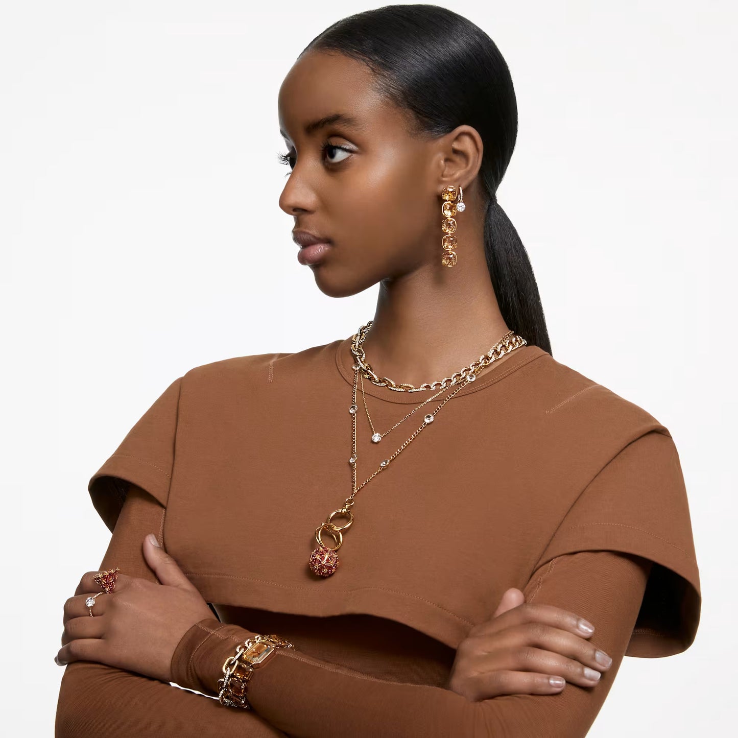 Stilla drop earrings, Round cut, White, Gold-tone plated