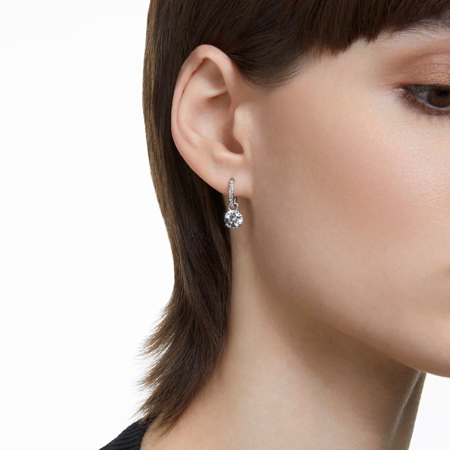 Constella drop earrings, Round cut, White, Rhodium