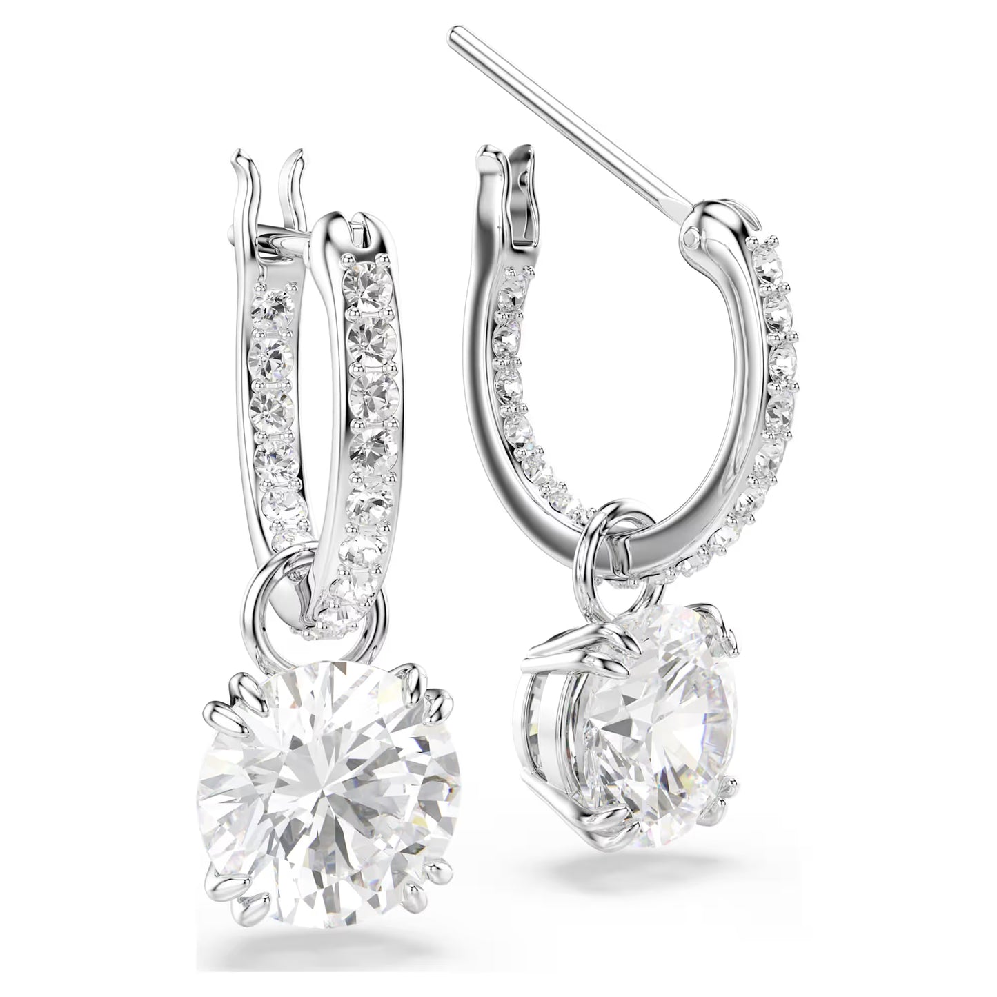 Constella drop earrings, Round cut, White, Rhodium