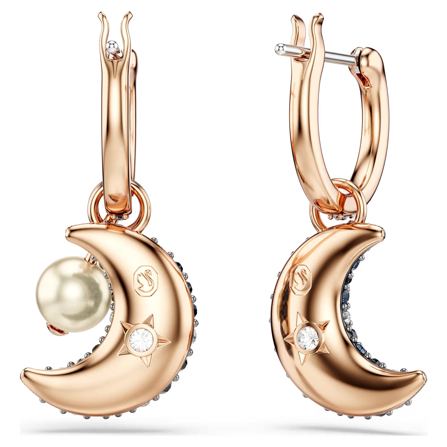 Sublima drop earrings, Crystal pearl, Asymmetrical design, Moon, Multicoloured, Rose gold-tone plated