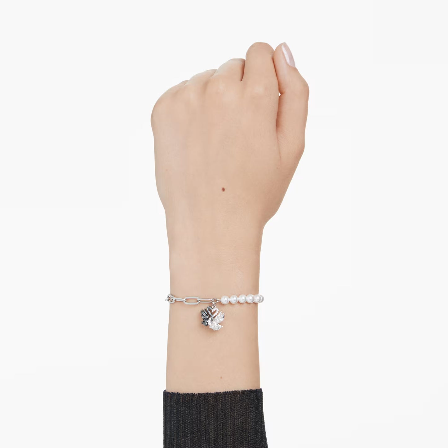 Swan bracelet, Crystal pearl, Swan, Black, Mixed metal finish