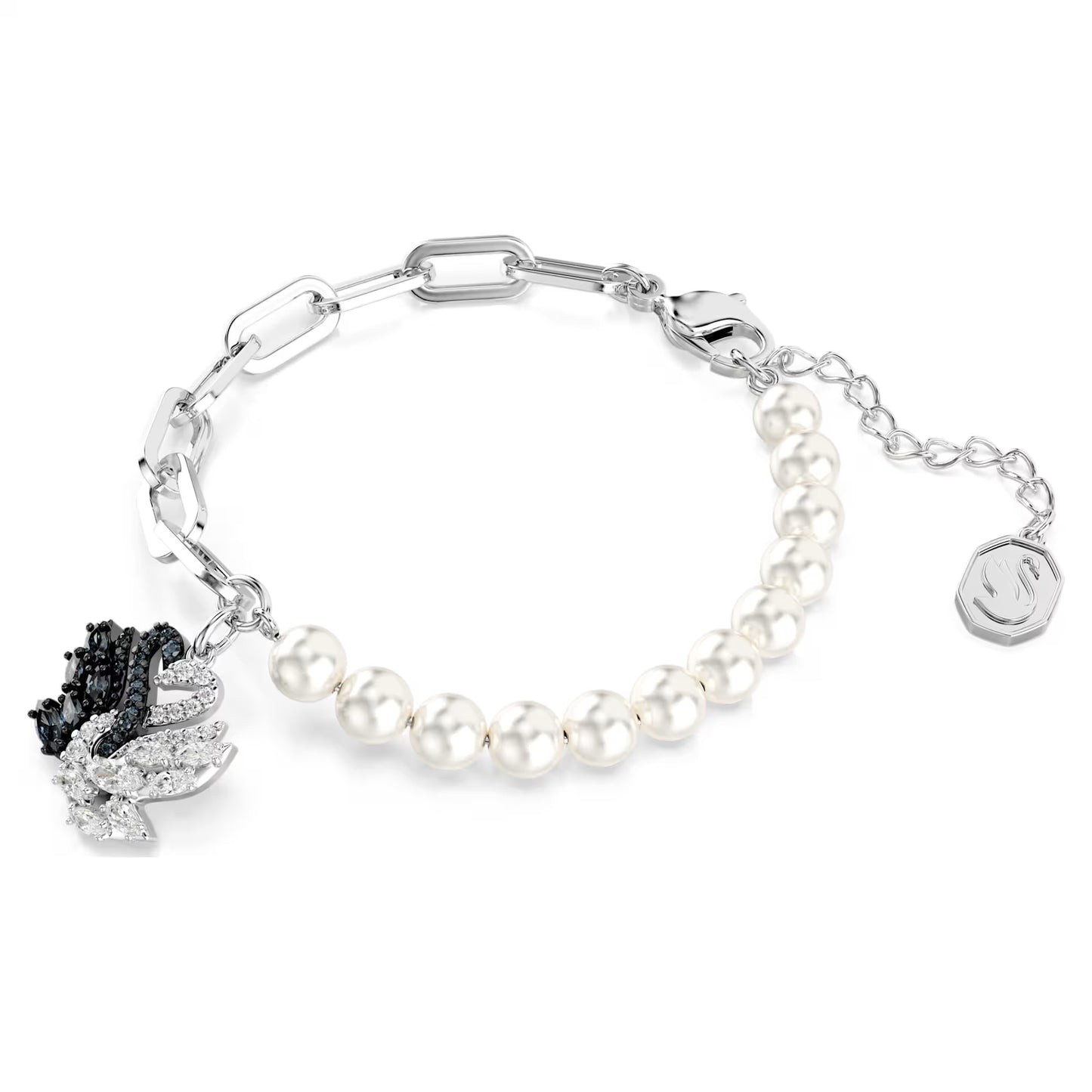 Swan bracelet, Crystal pearl, Swan, Black, Mixed metal finish