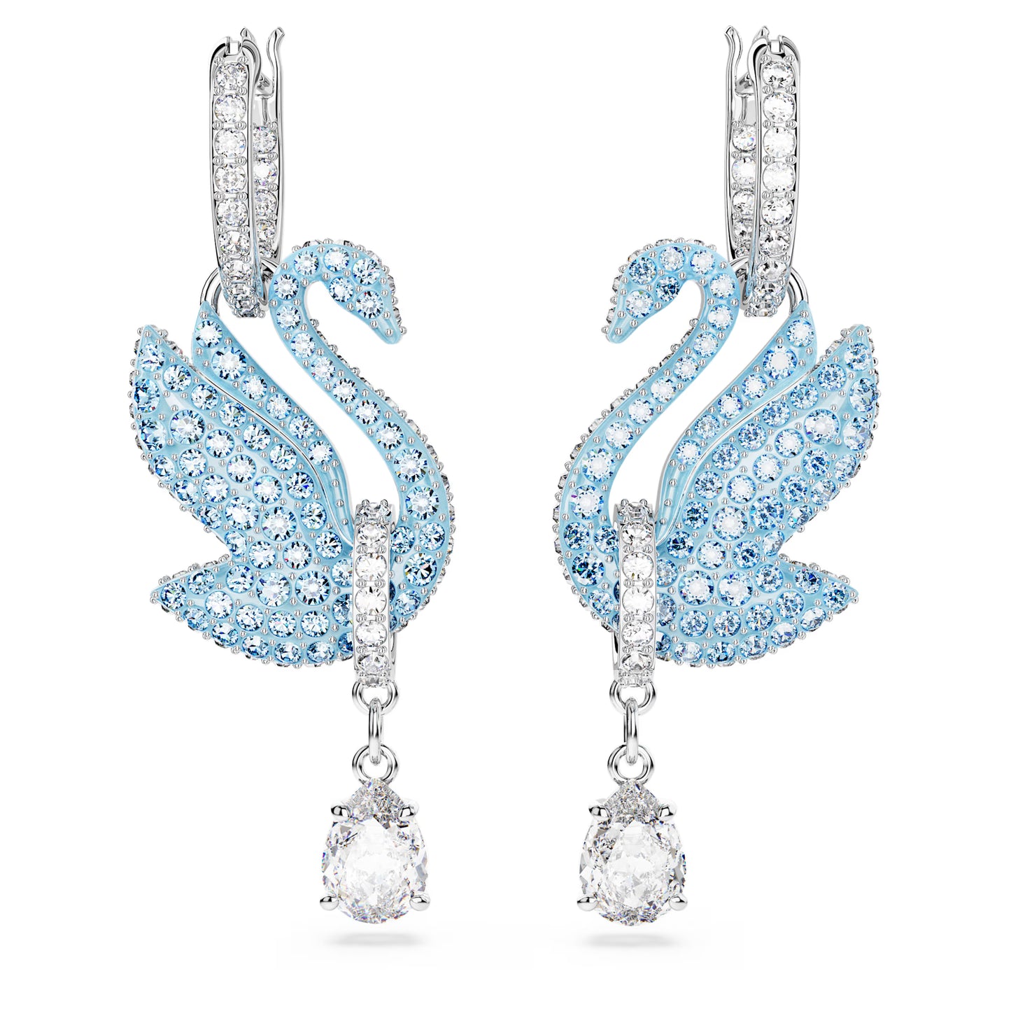 Swan drop earrings, Swan, Blue, Rhodium plated