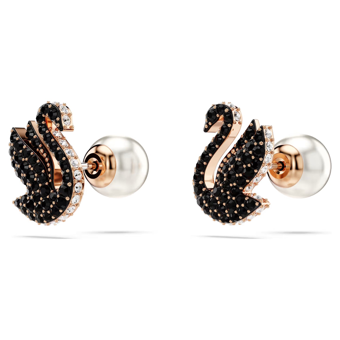 Swan stud earrings, Crystal pearl, Swan, Black, Rose gold-tone plated