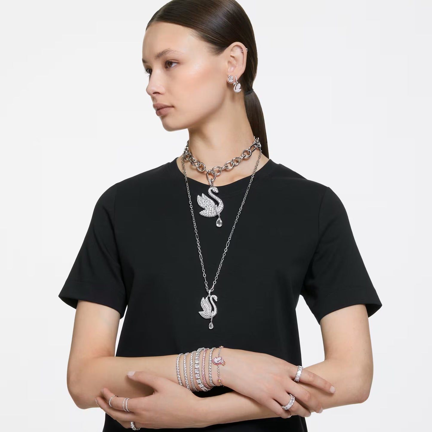 Swarovski Iconic Swan necklace, Swan, Long, White, Rhodium plated