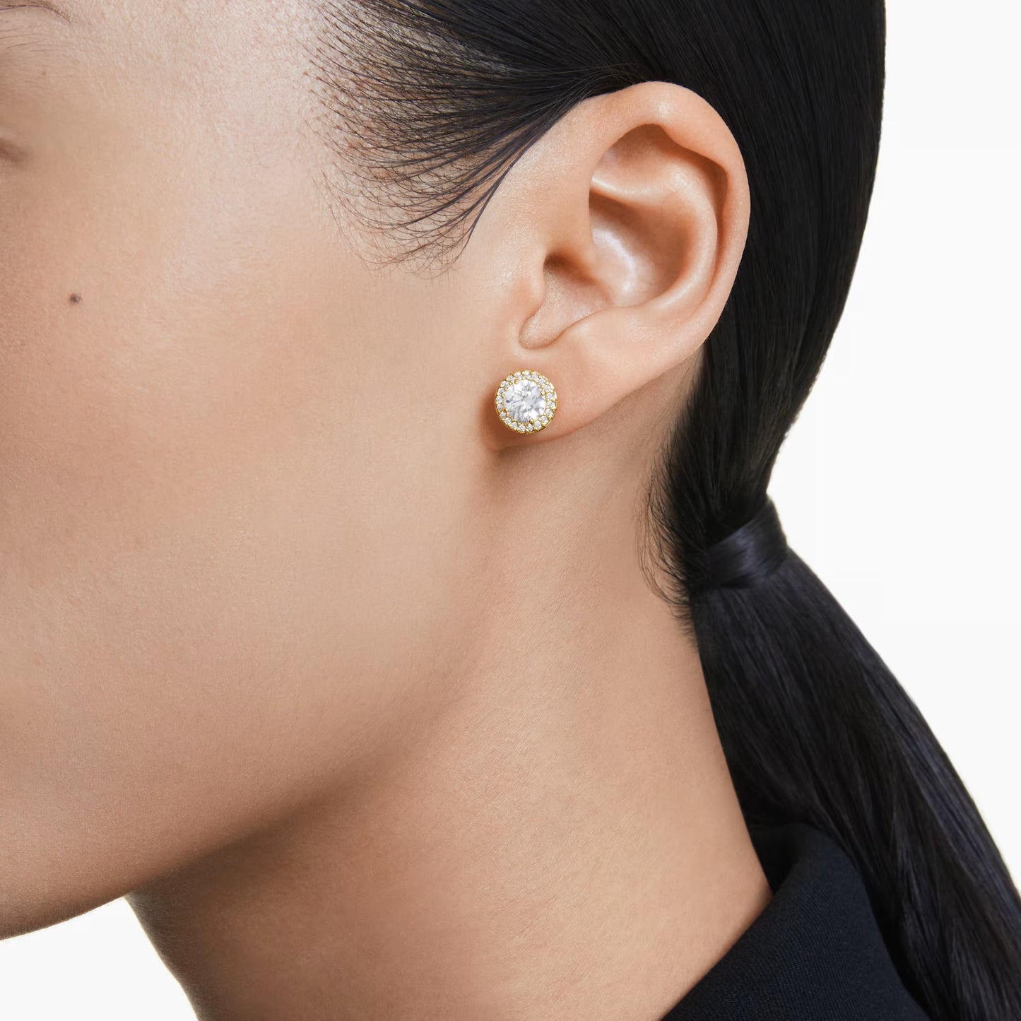 Una Angelic stud earrings, Round cut, Gold tone, Gold-tone plated