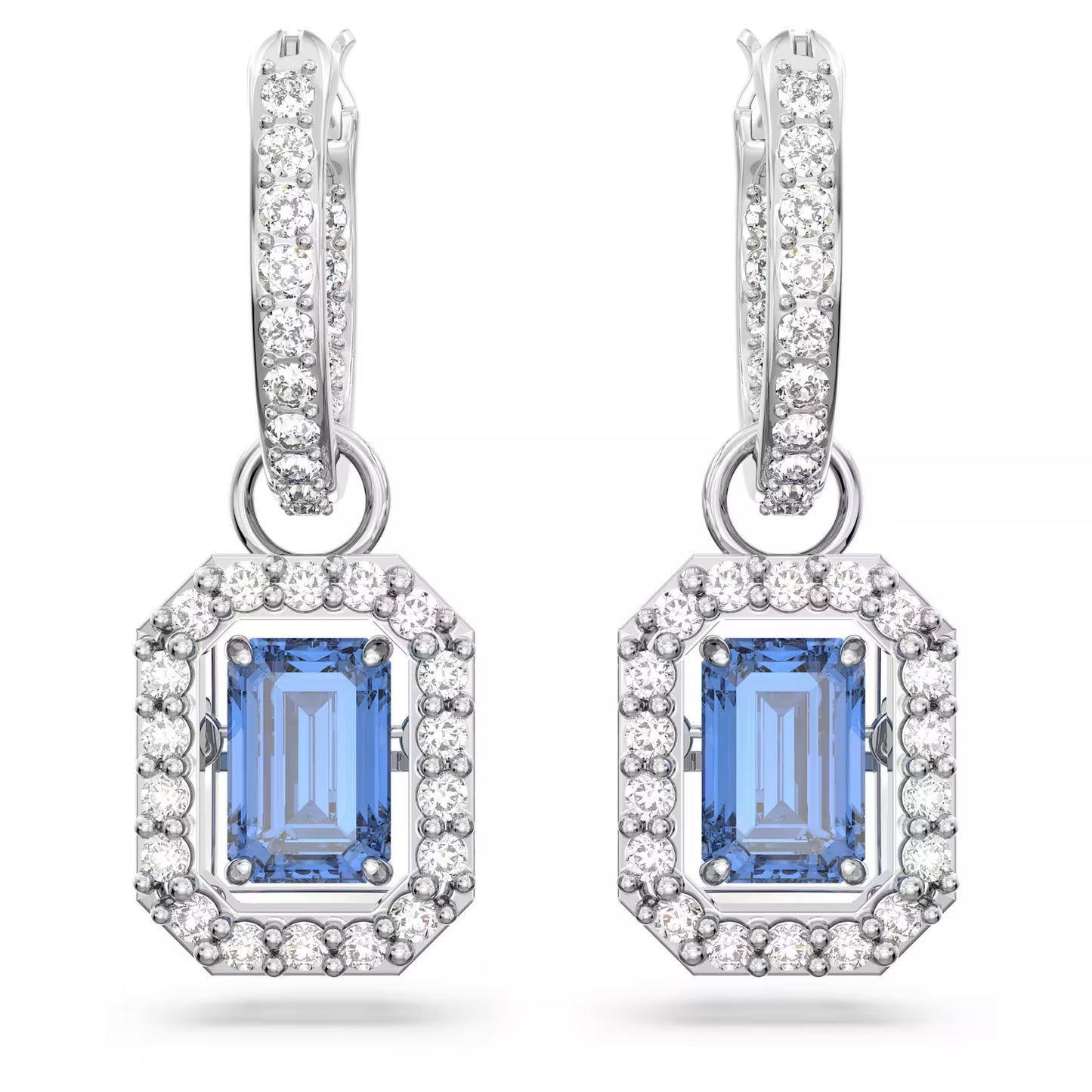 Una drop earrings, Octagon cut, Blue, Rhodium plated