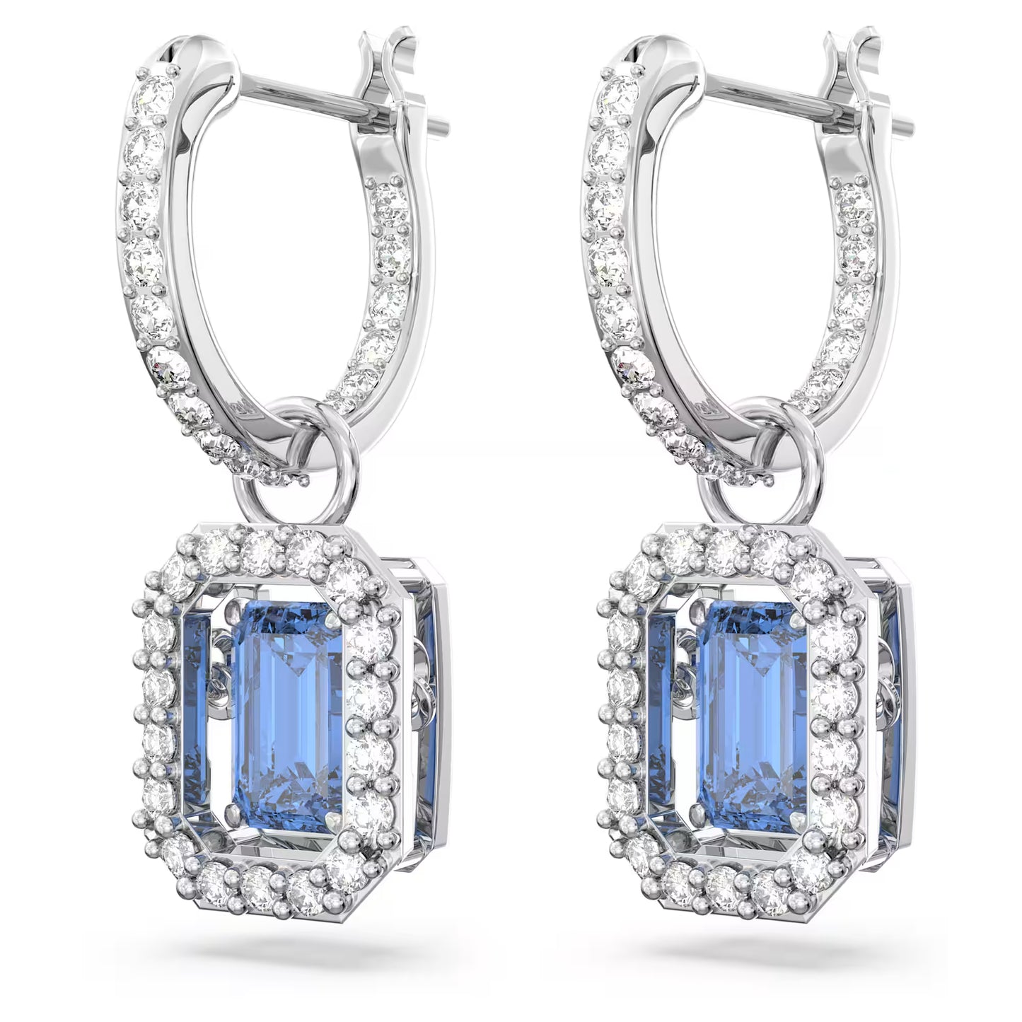 Una drop earrings, Octagon cut, Blue, Rhodium plated